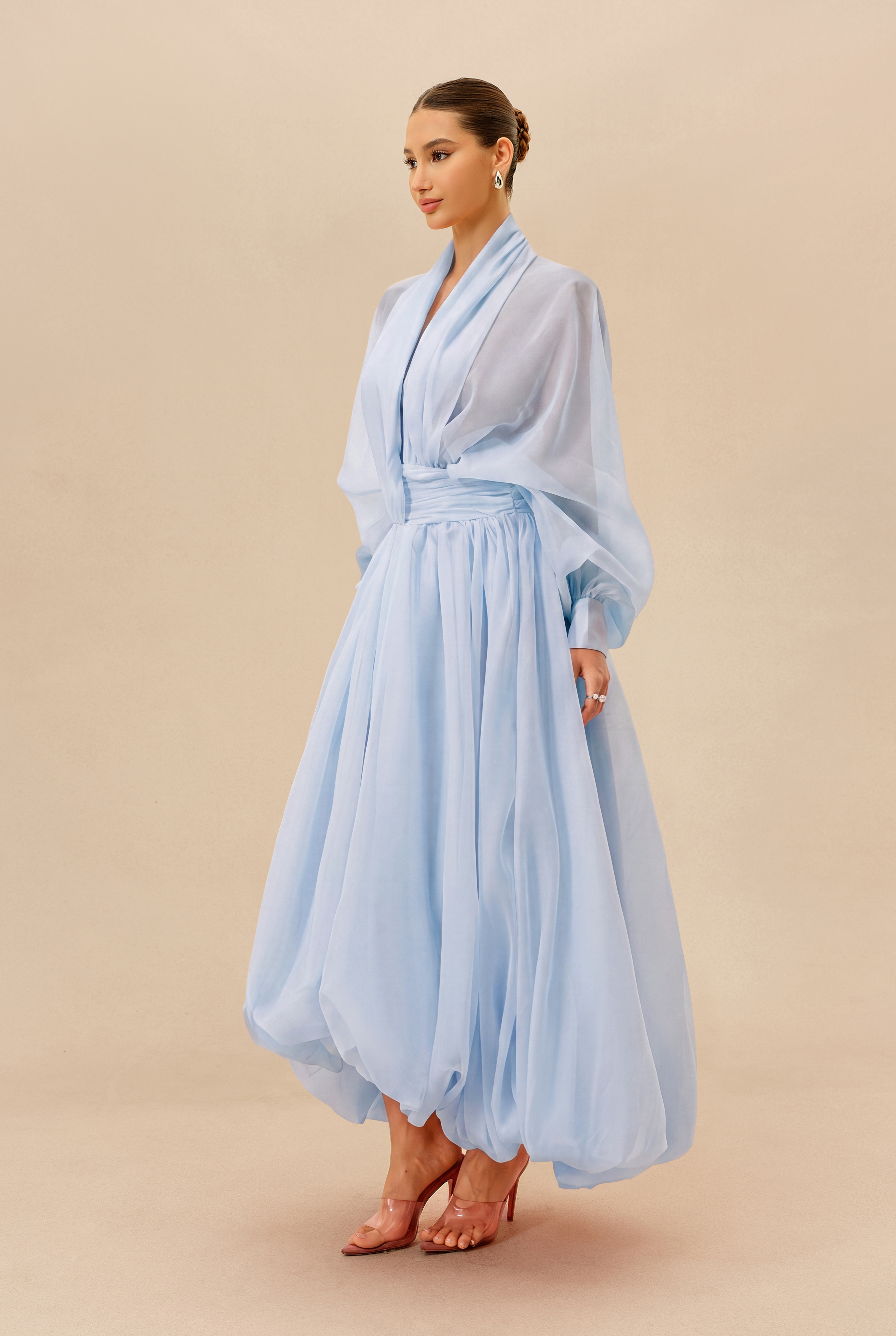 Elegant Moment Blue Deep V-neck Puff Sleeve Maxi Dress
