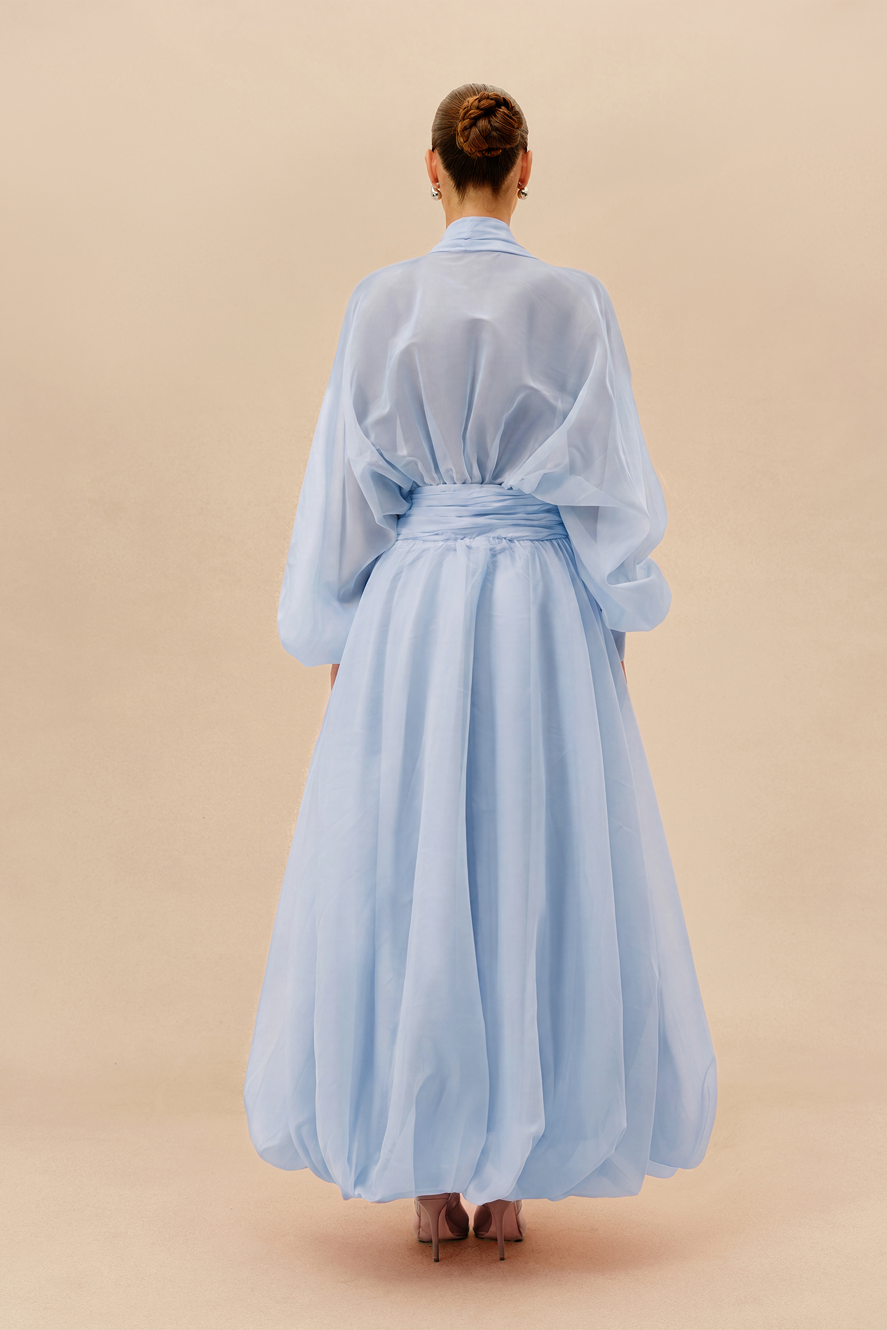 Elegant Moment Blue Deep V-neck Puff Sleeve Maxi Dress