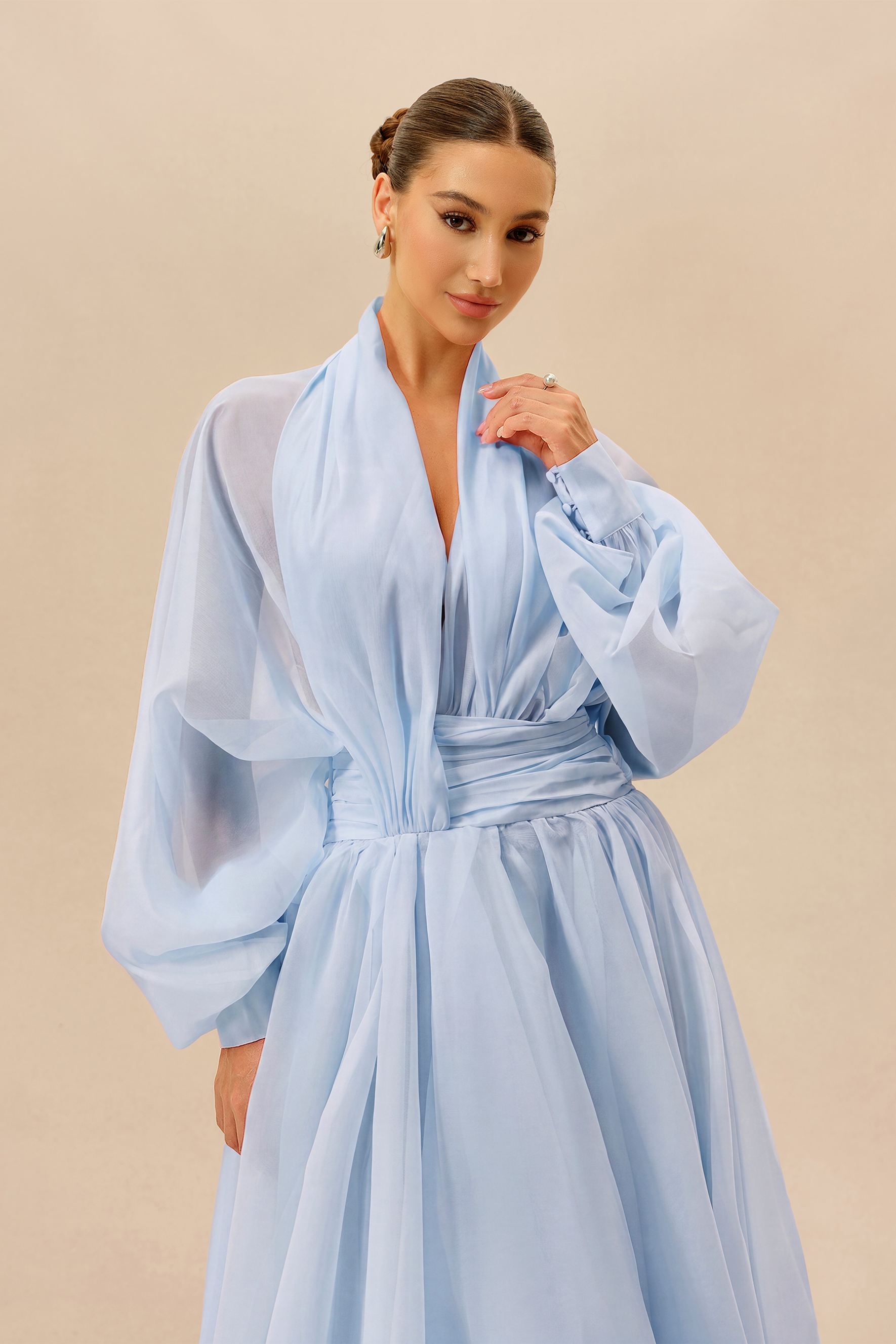 Elegant Moment Blue Deep V-neck Puff Sleeve Maxi Dress