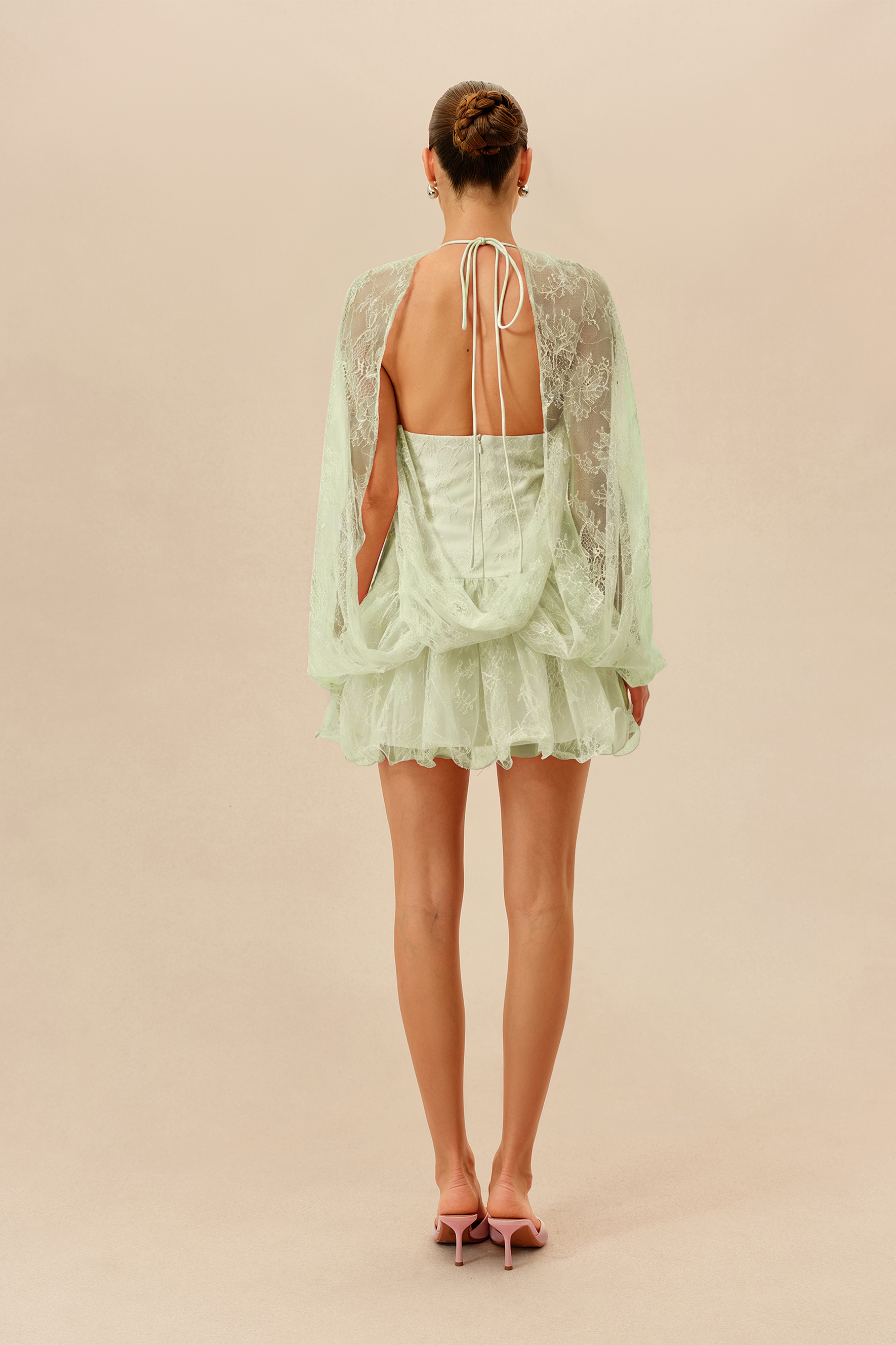 Sunday Stroll Light Green Cape Sleeve Floral Lace Mini Dress
