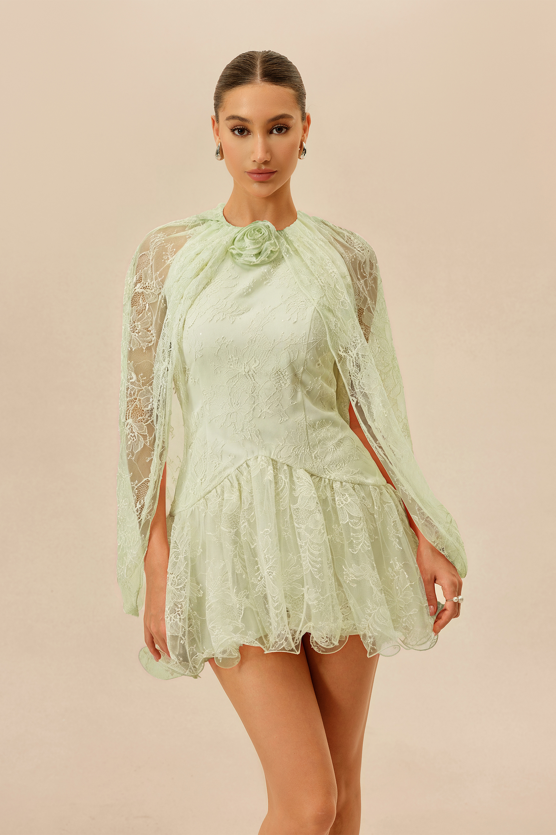 Sunday Stroll Light Green Cape Sleeve Floral Lace Mini Dress