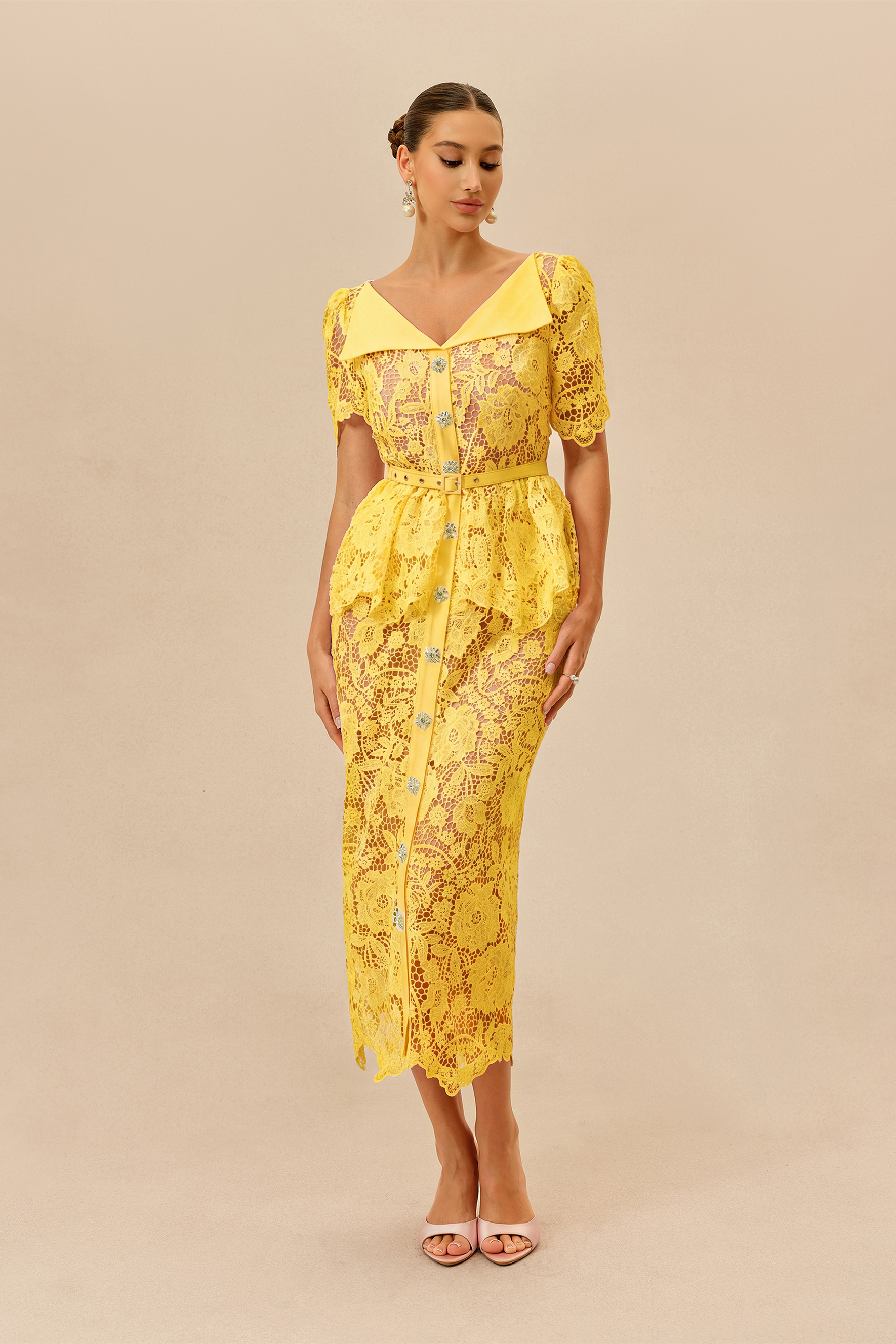 Date Night Beauty Yellow Floral Lace V-neck Midi Dress