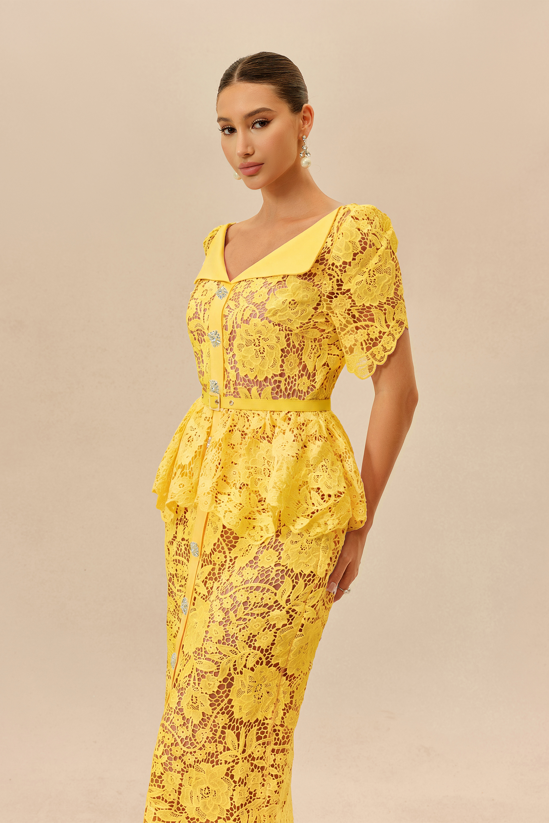 Date Night Beauty Yellow Floral Lace V-neck Midi Dress