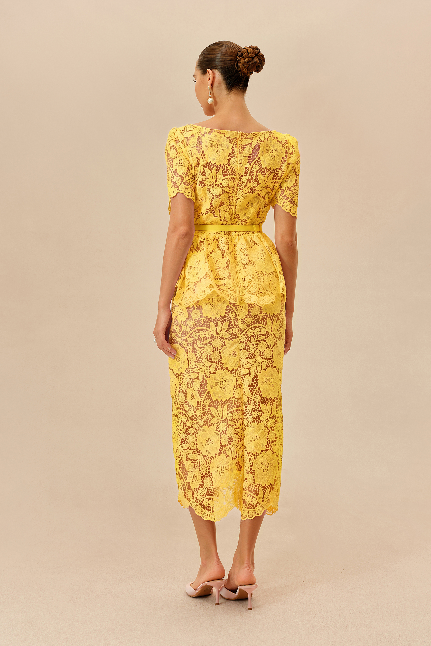 Date Night Beauty Yellow Floral Lace V-neck Midi Dress
