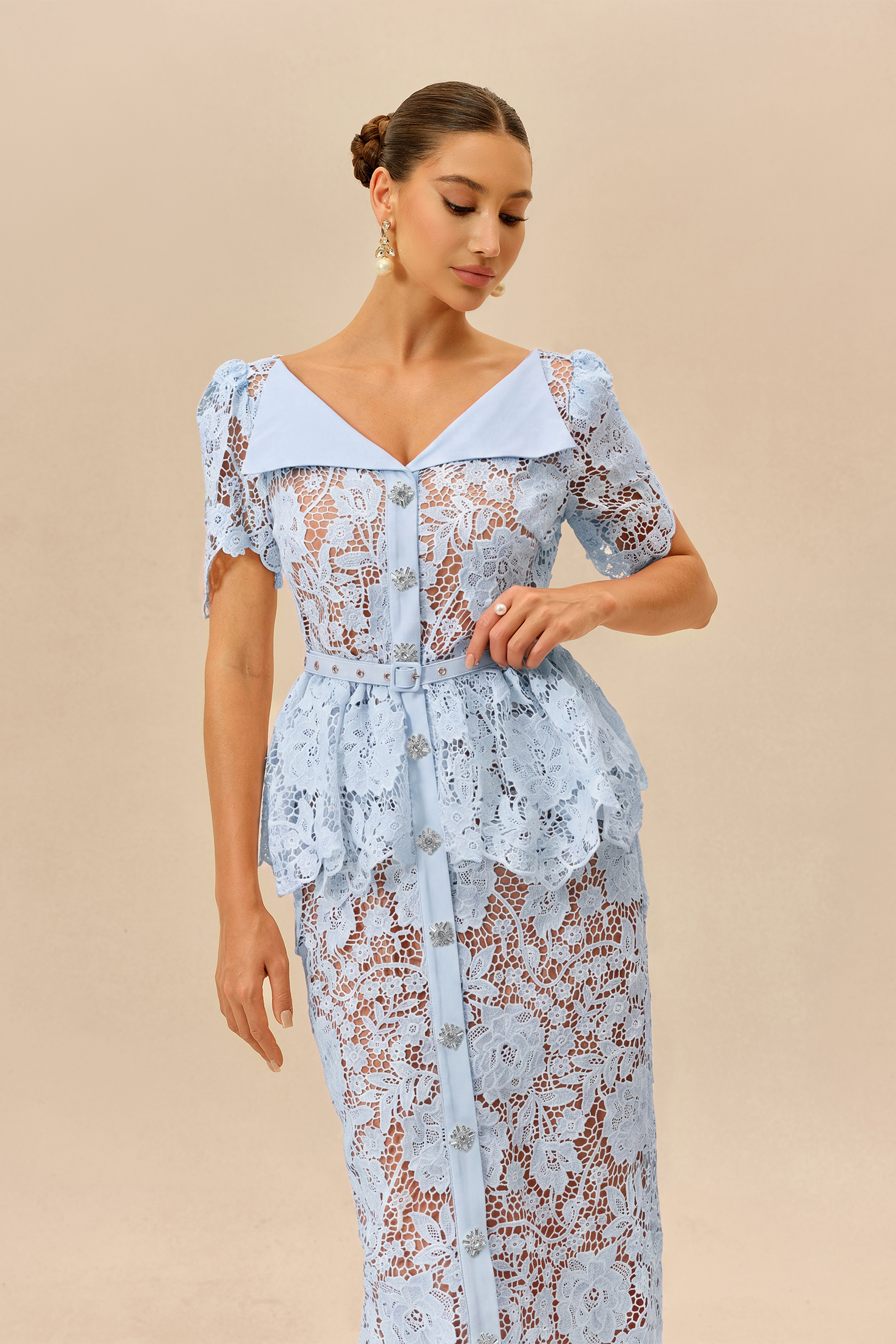 Date Night Beauty Blue Floral Lace V-neck Midi Dress
