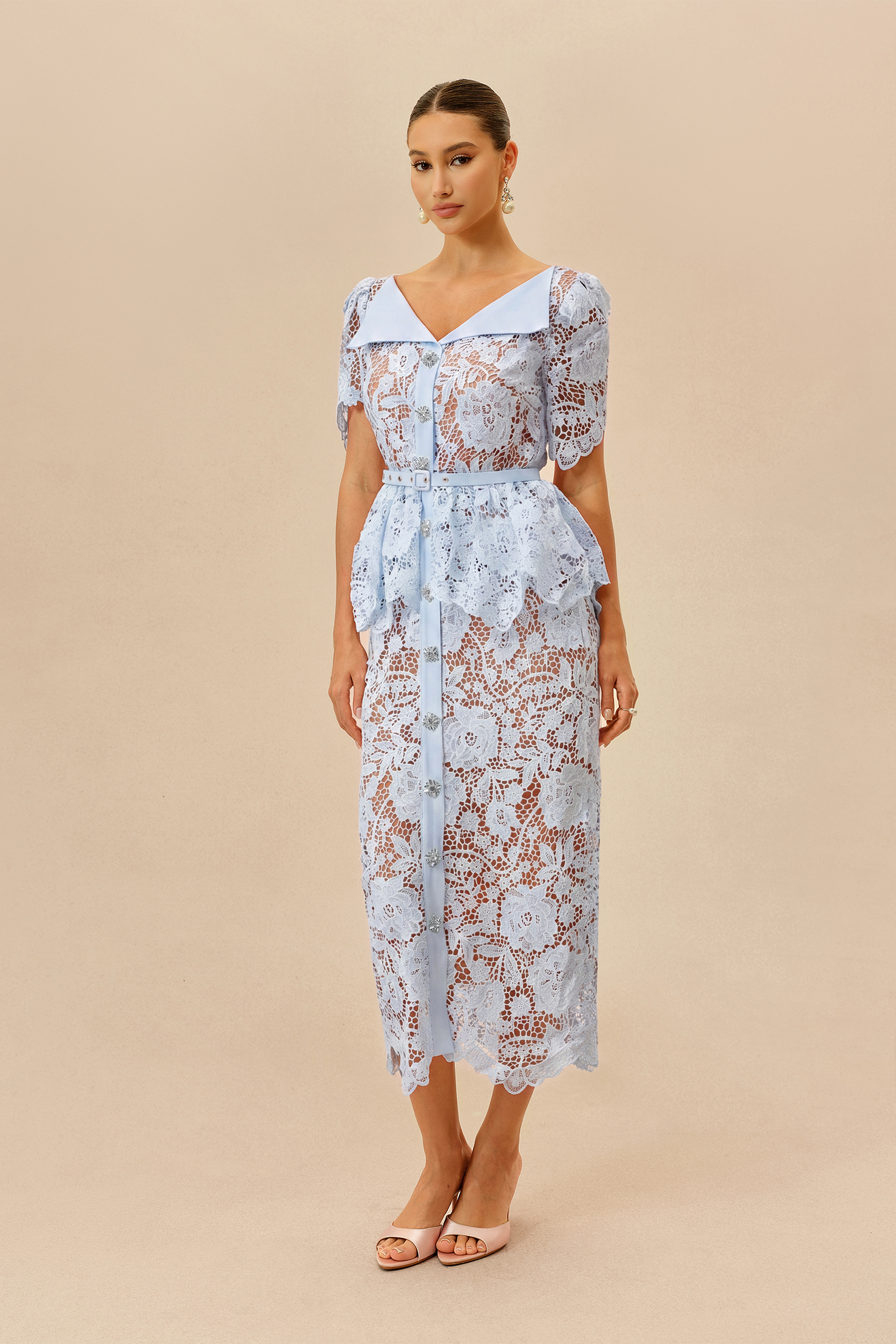 Date Night Beauty Blue Floral Lace V-neck Midi Dress