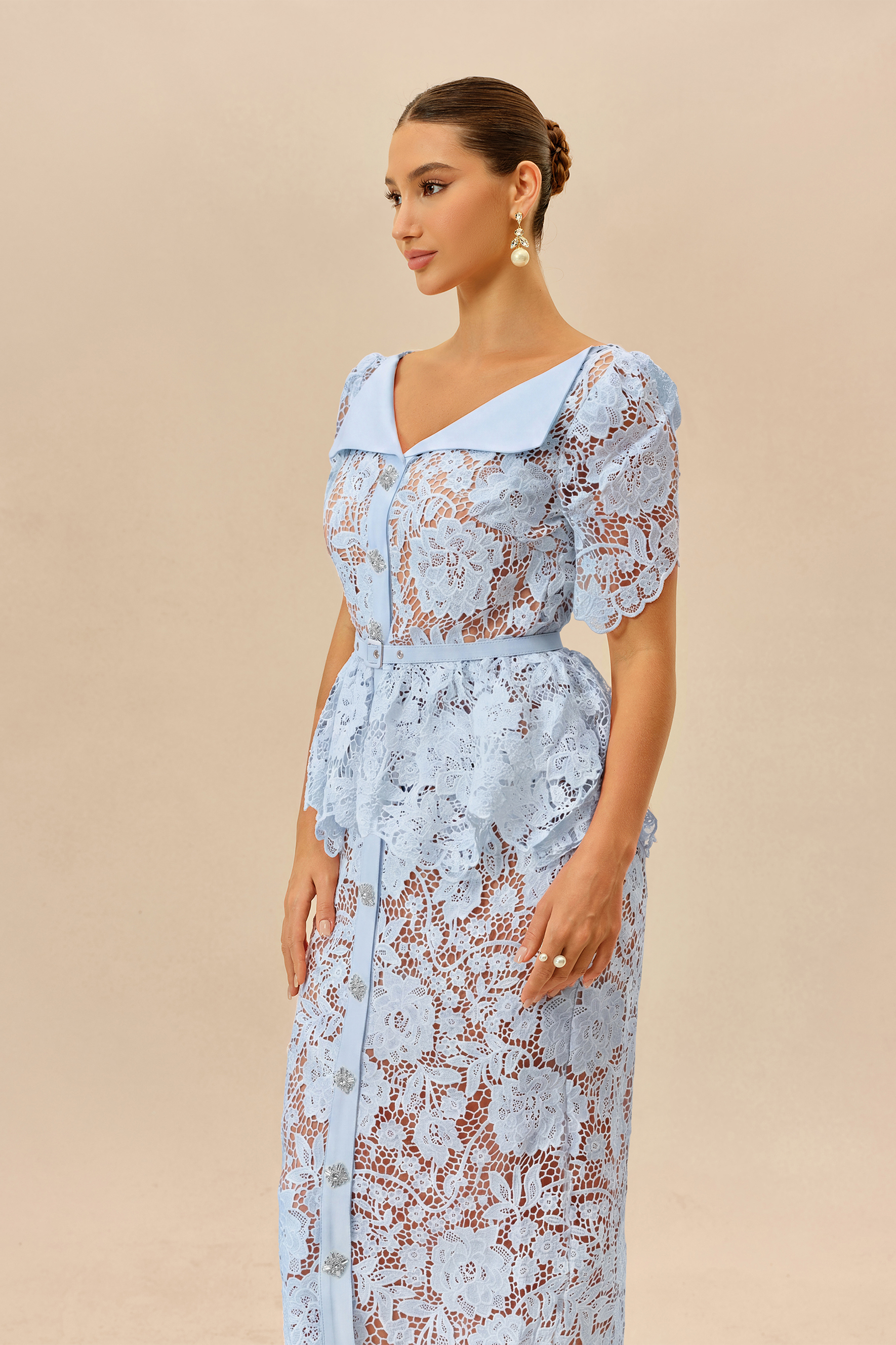 Date Night Beauty Blue Floral Lace V-neck Midi Dress