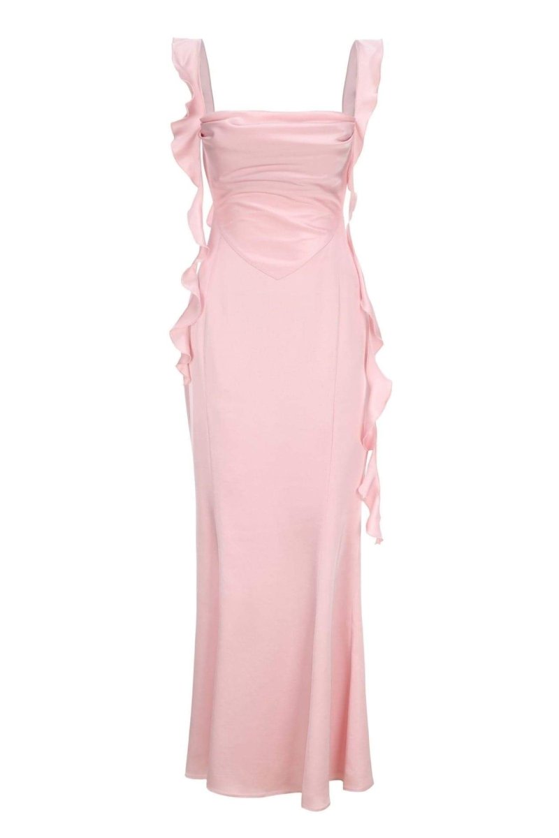 Hilda Ruffle Ribbon Backless Maxi Dress-Sunfere Hilda Ruffle Ribbon Backless Maxi Dress-Sunfere
