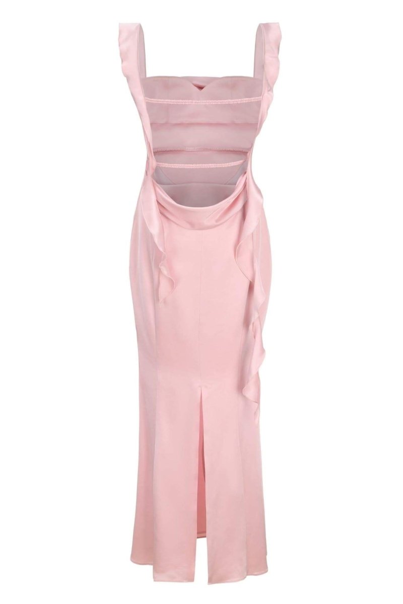 Hilda Ruffle Ribbon Backless Maxi Dress-Sunfere
