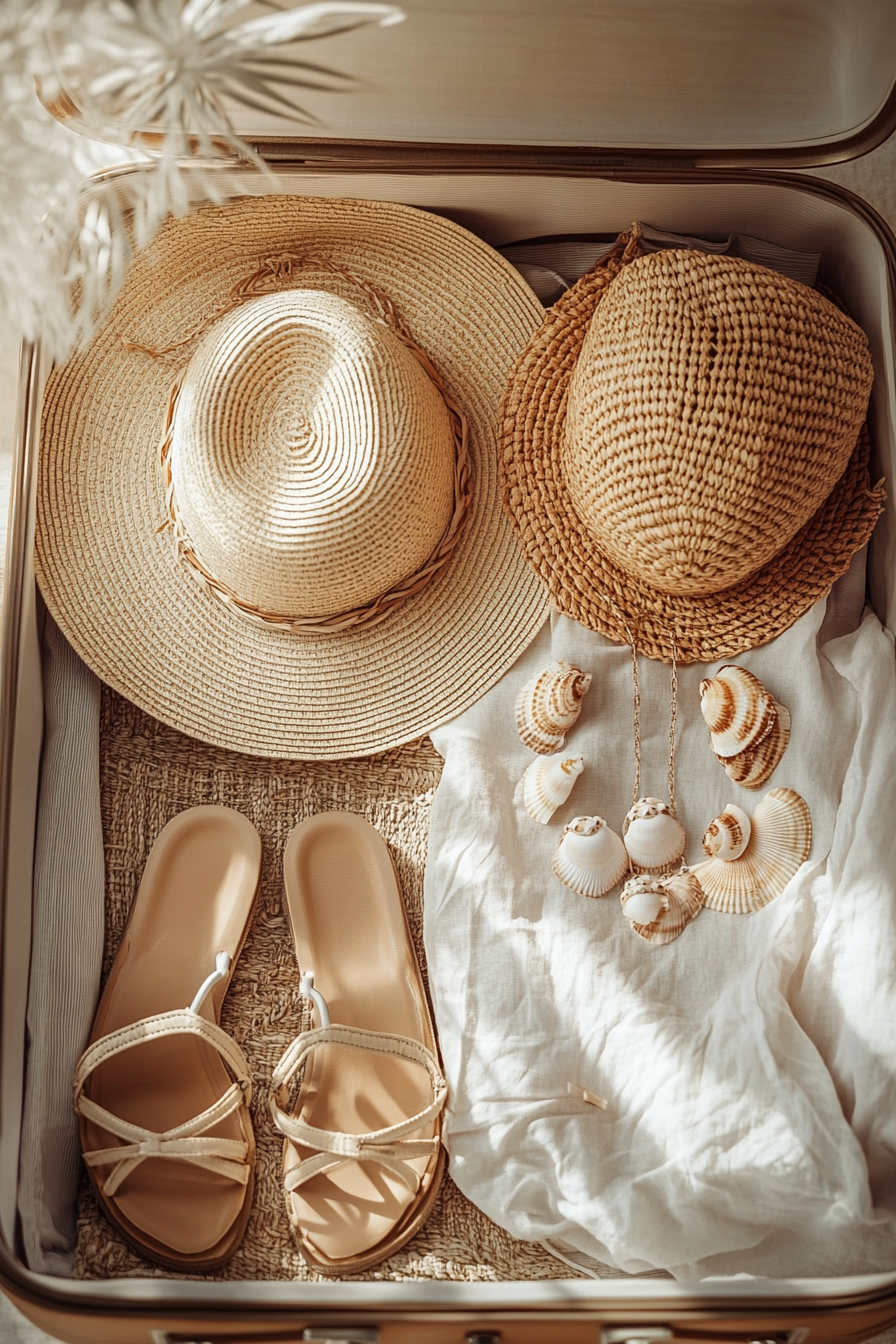 flat lay of suitcase accessories in vacation