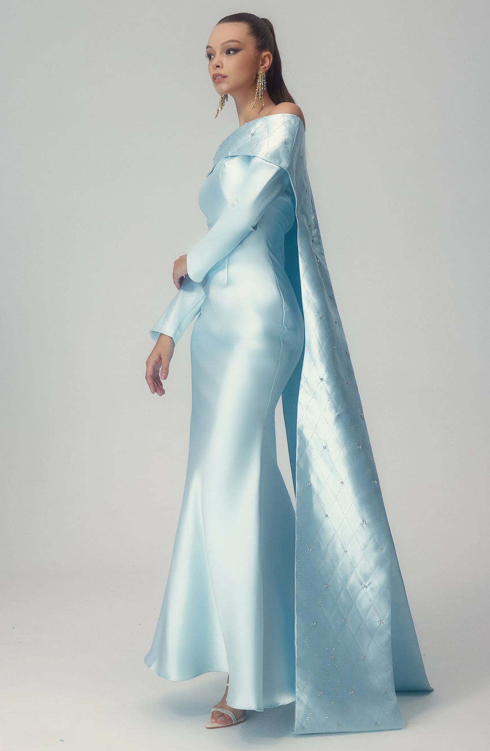 Maureen Off-Shoulder Cape Maxi Satin Dress-Sunfere