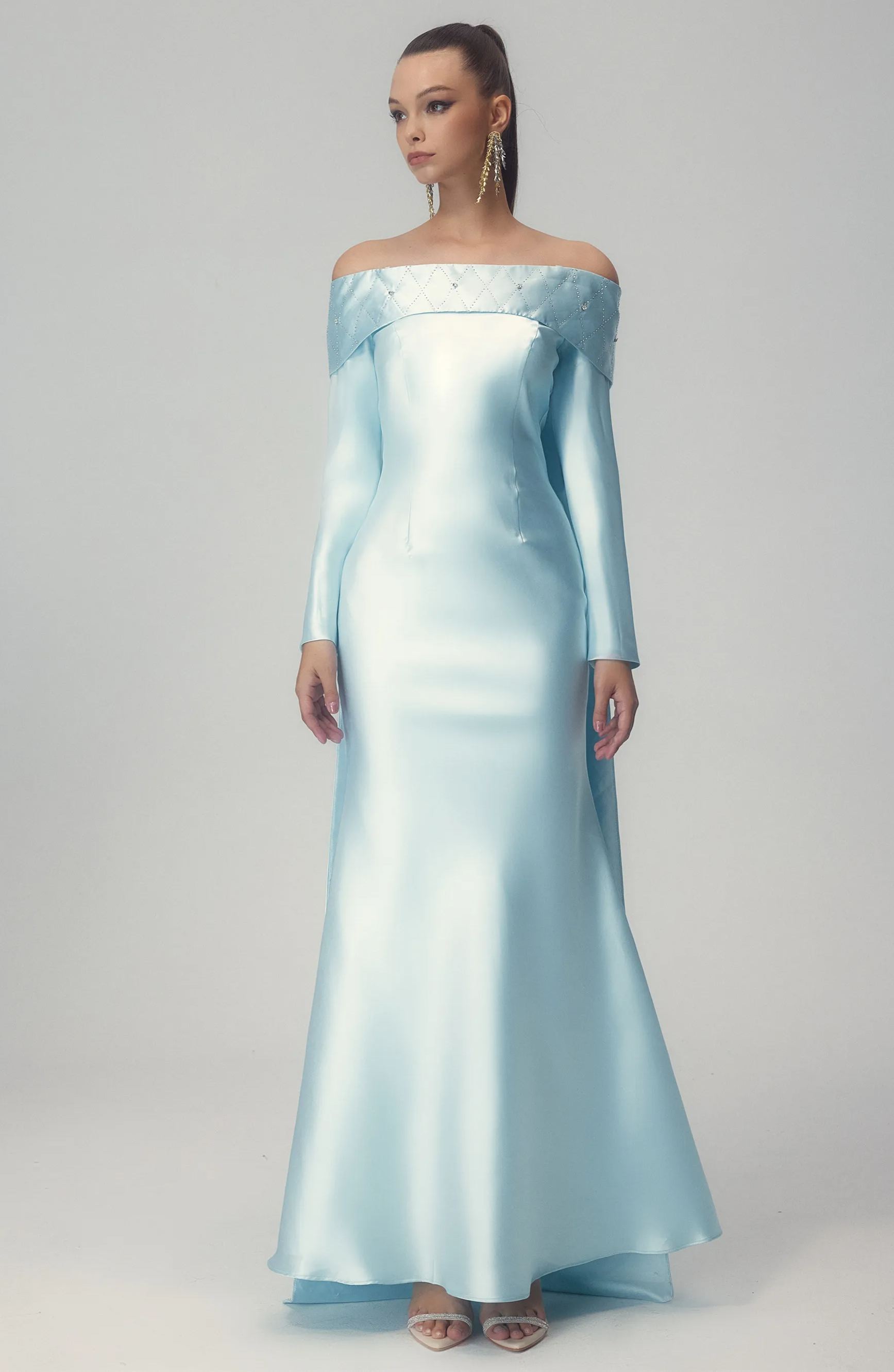 Maureen Off-Shoulder Cape Maxi Satin Dress-Sunfere