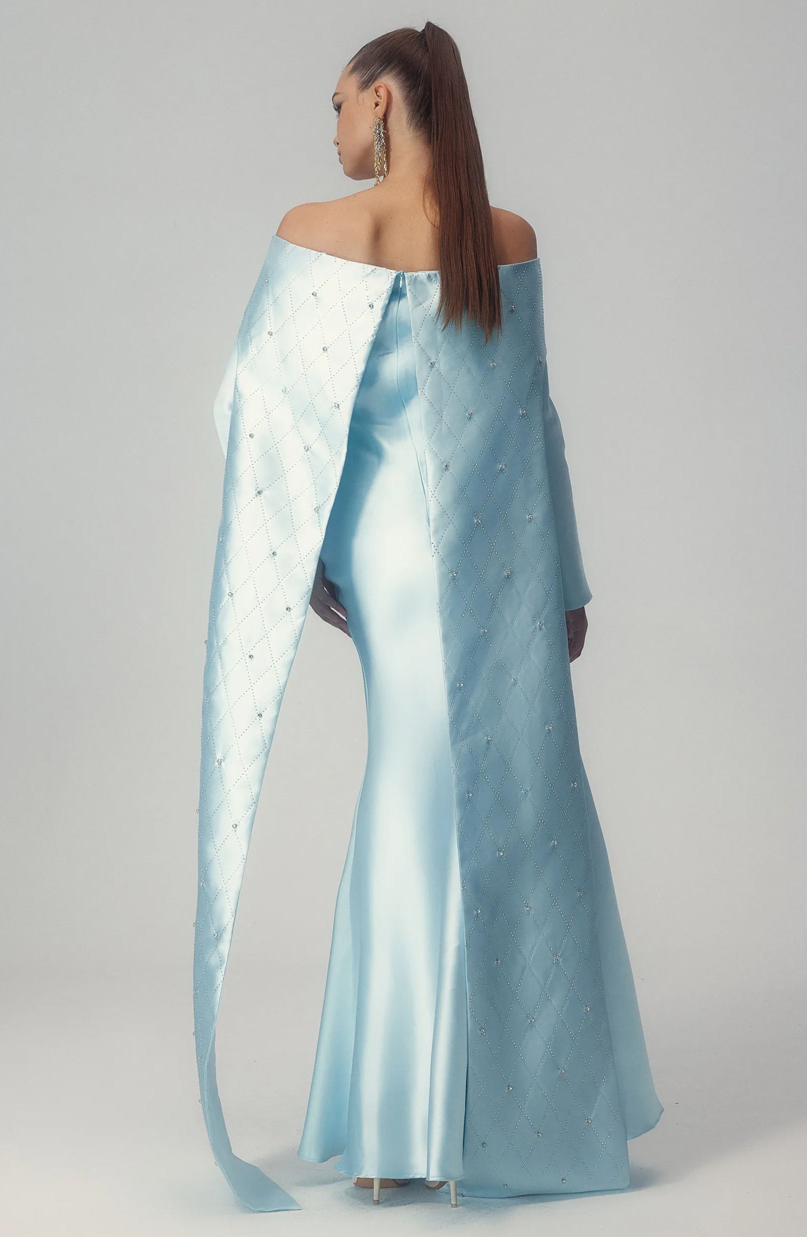 Maureen Off-Shoulder Cape Maxi Satin Dress-Sunfere