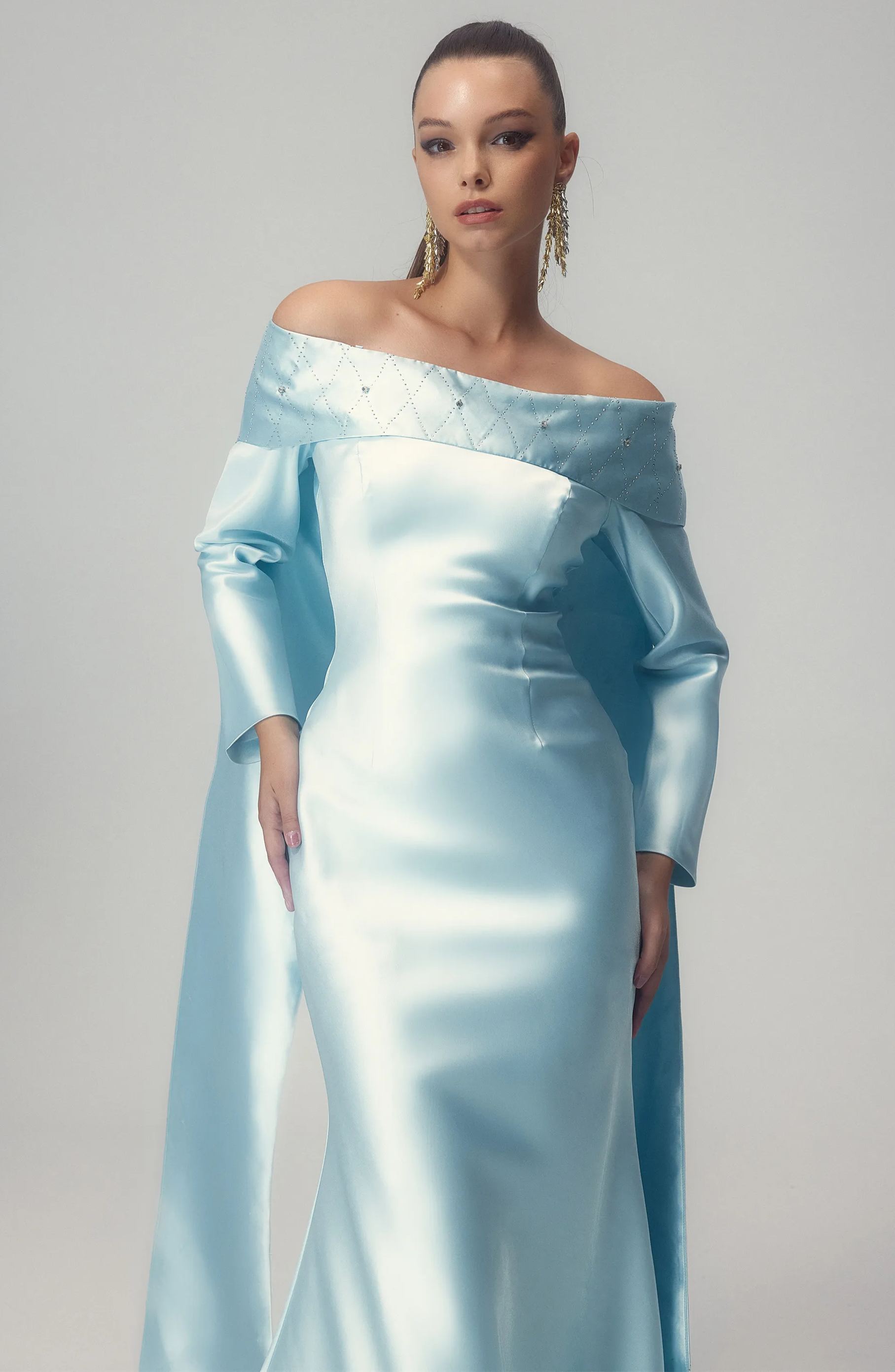 Maureen Off-Shoulder Cape Maxi Satin Dress-Sunfere