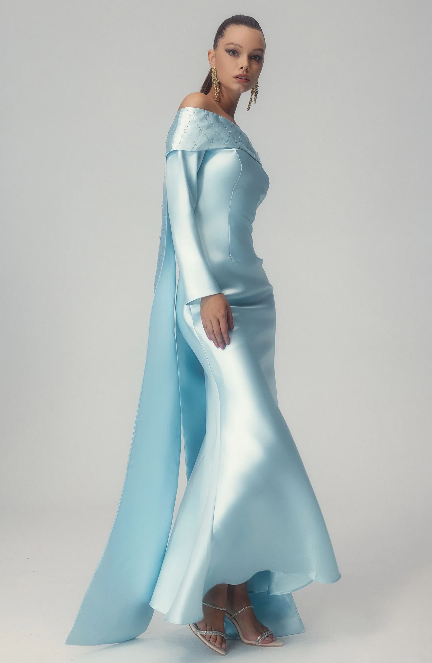 Maureen Off-Shoulder Cape Maxi Satin Dress-Sunfere