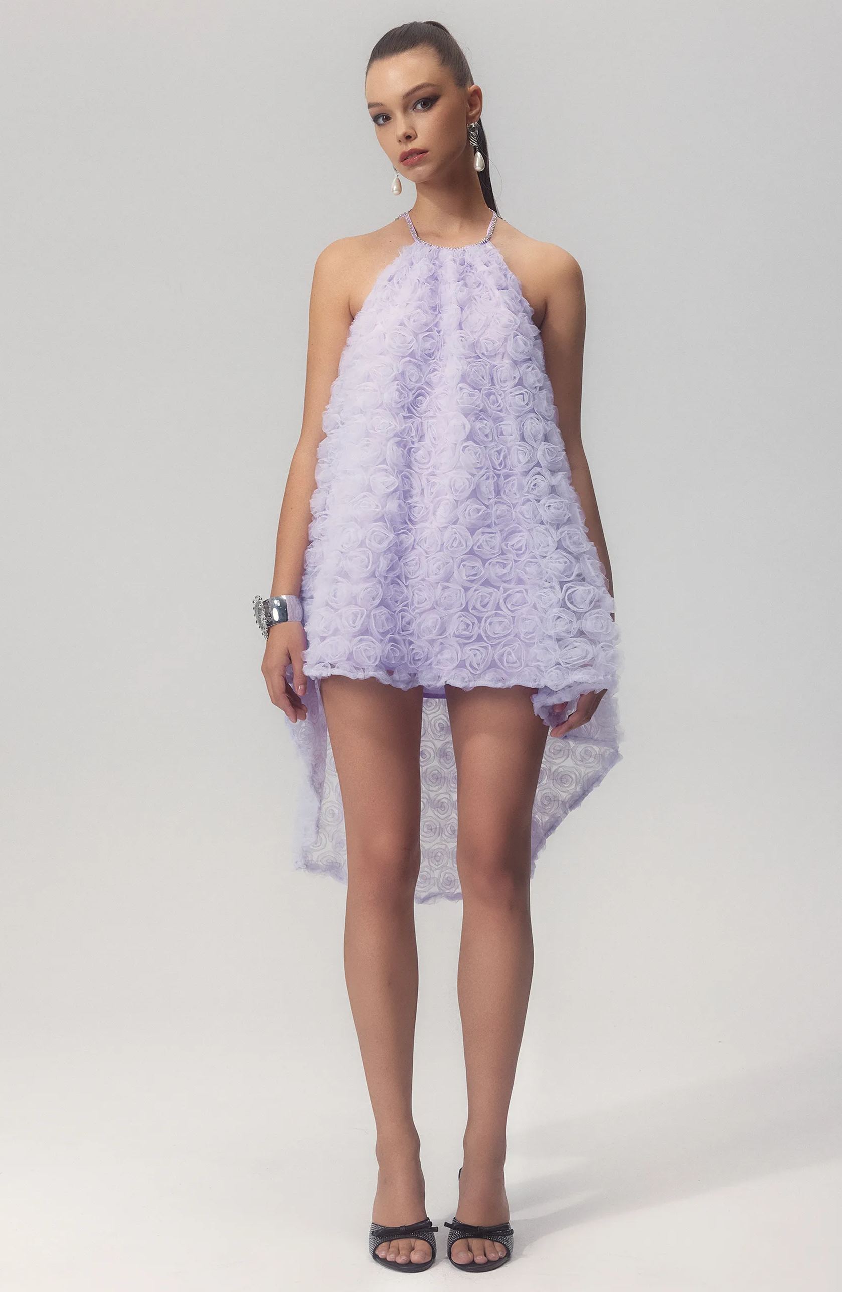 Michaelia Floral Appliqué Halter Mini Mesh Dress-Sunfere