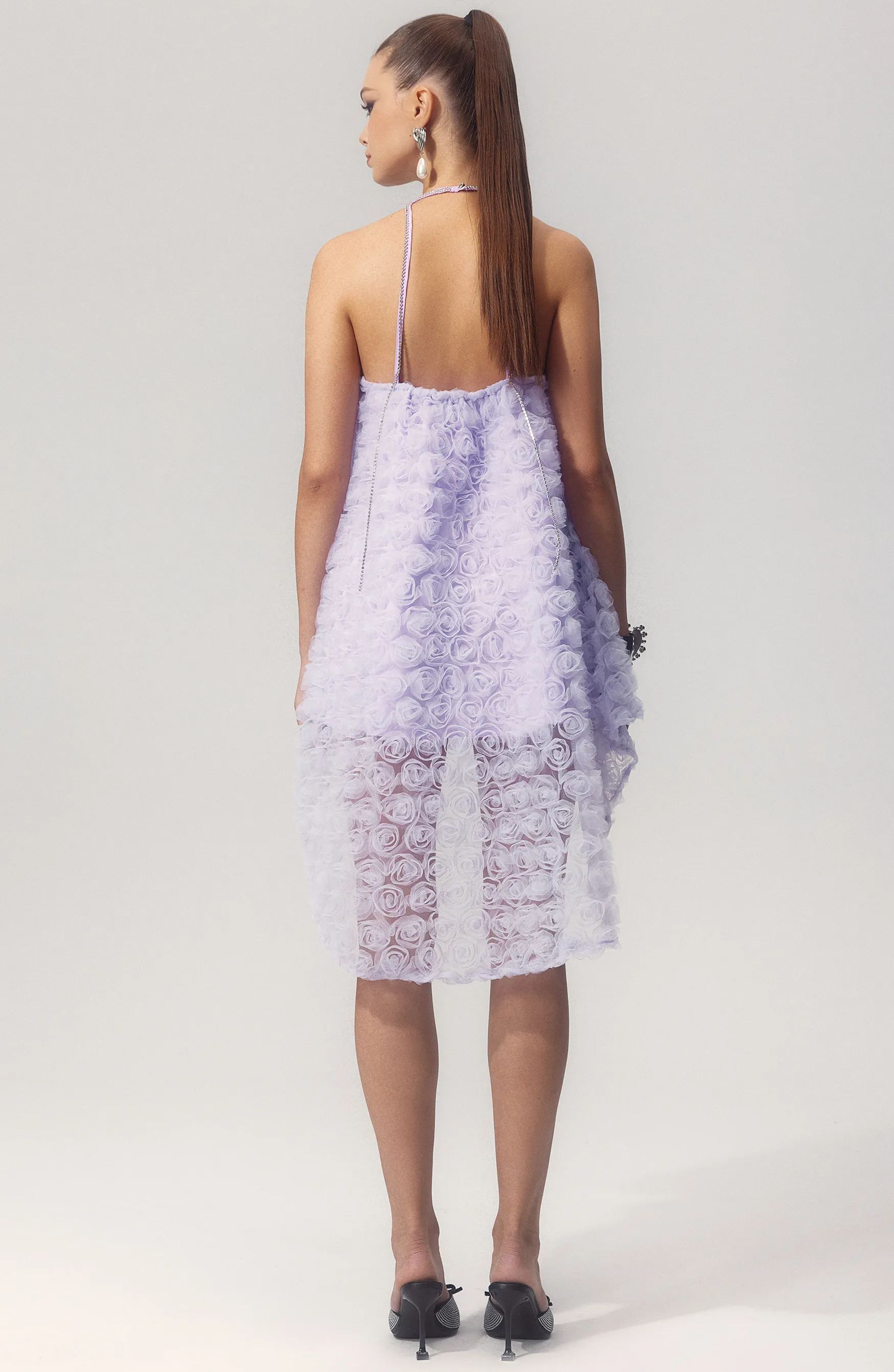 Michaelia Floral Appliqué Halter Mini Mesh Dress-Sunfere