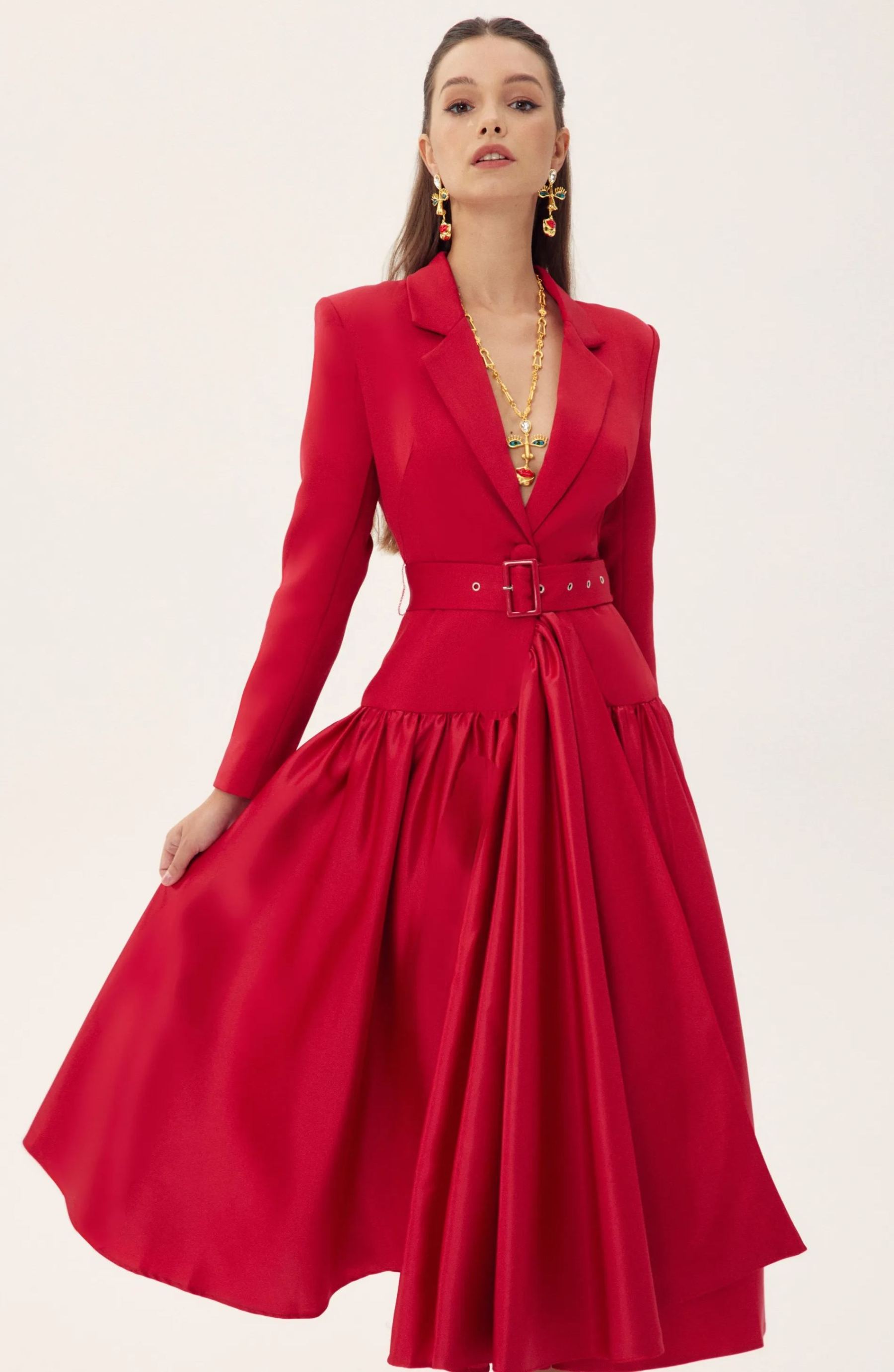 Daphne Notch Lapel Long Sleeve Midi Dress-Sunfere