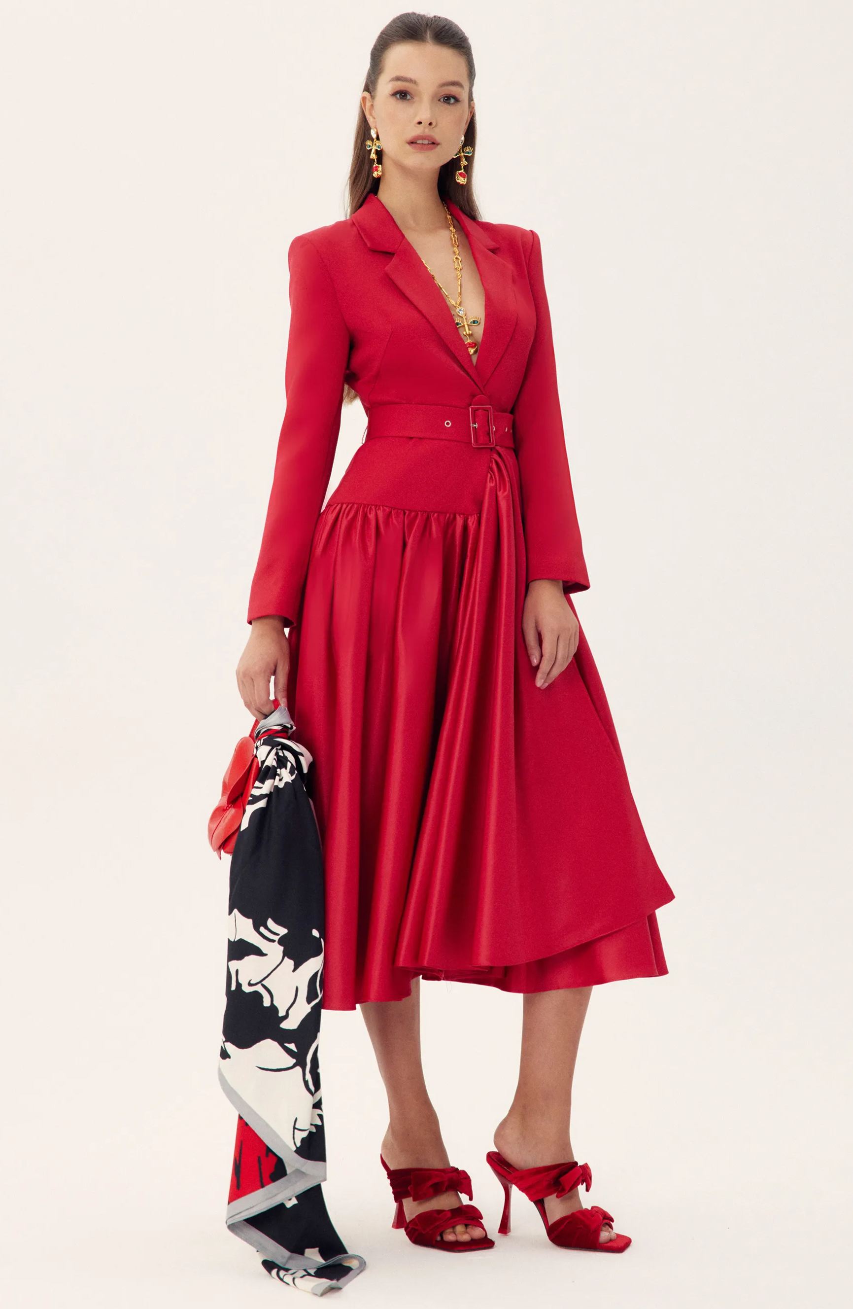 Daphne Notch Lapel Long Sleeve Midi Dress-Sunfere