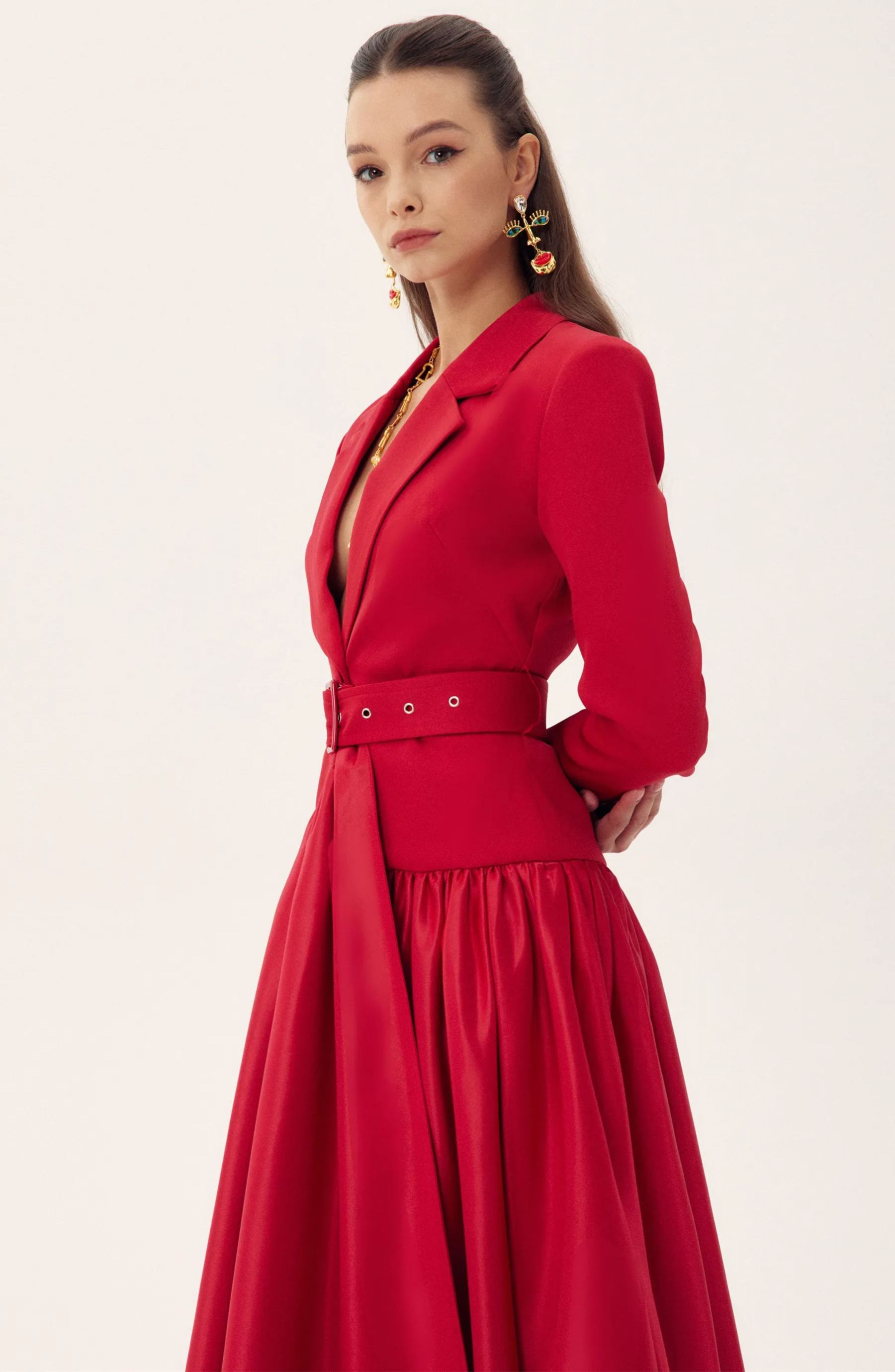Daphne Notch Lapel Long Sleeve Midi Dress-Sunfere