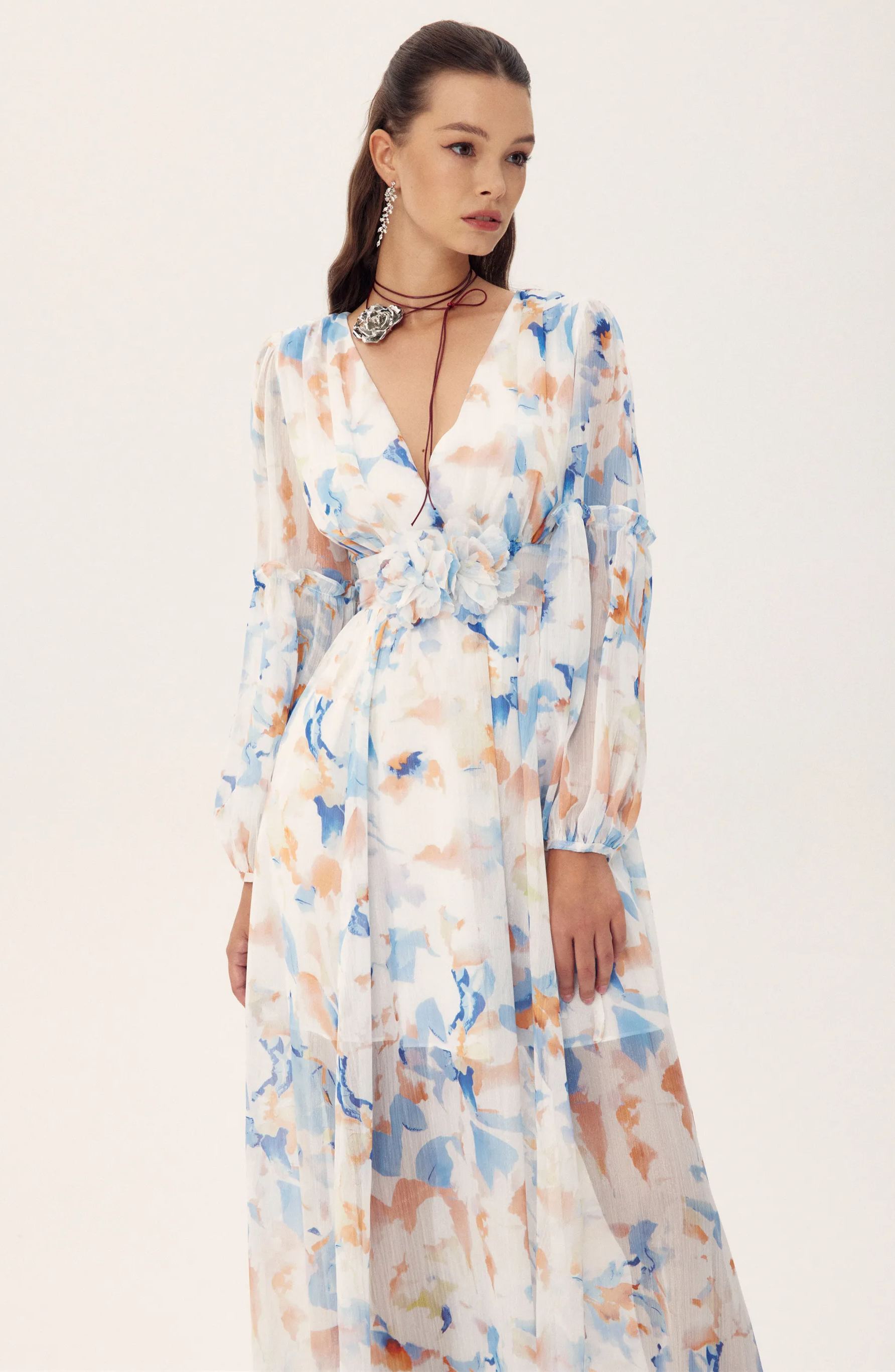 Shirley Printed V-neck Midi Chiffon Dress-Sunfere