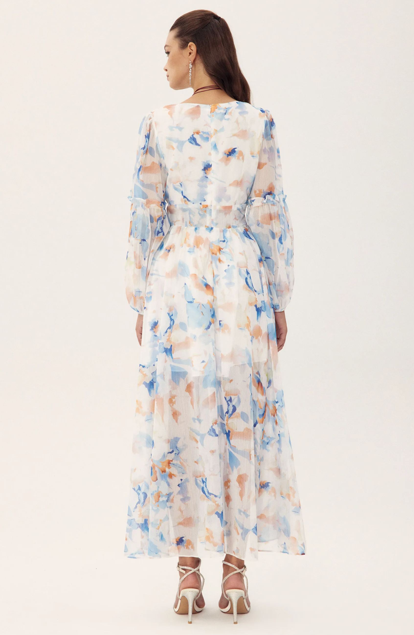 Shirley Printed V-neck Midi Chiffon Dress-Sunfere