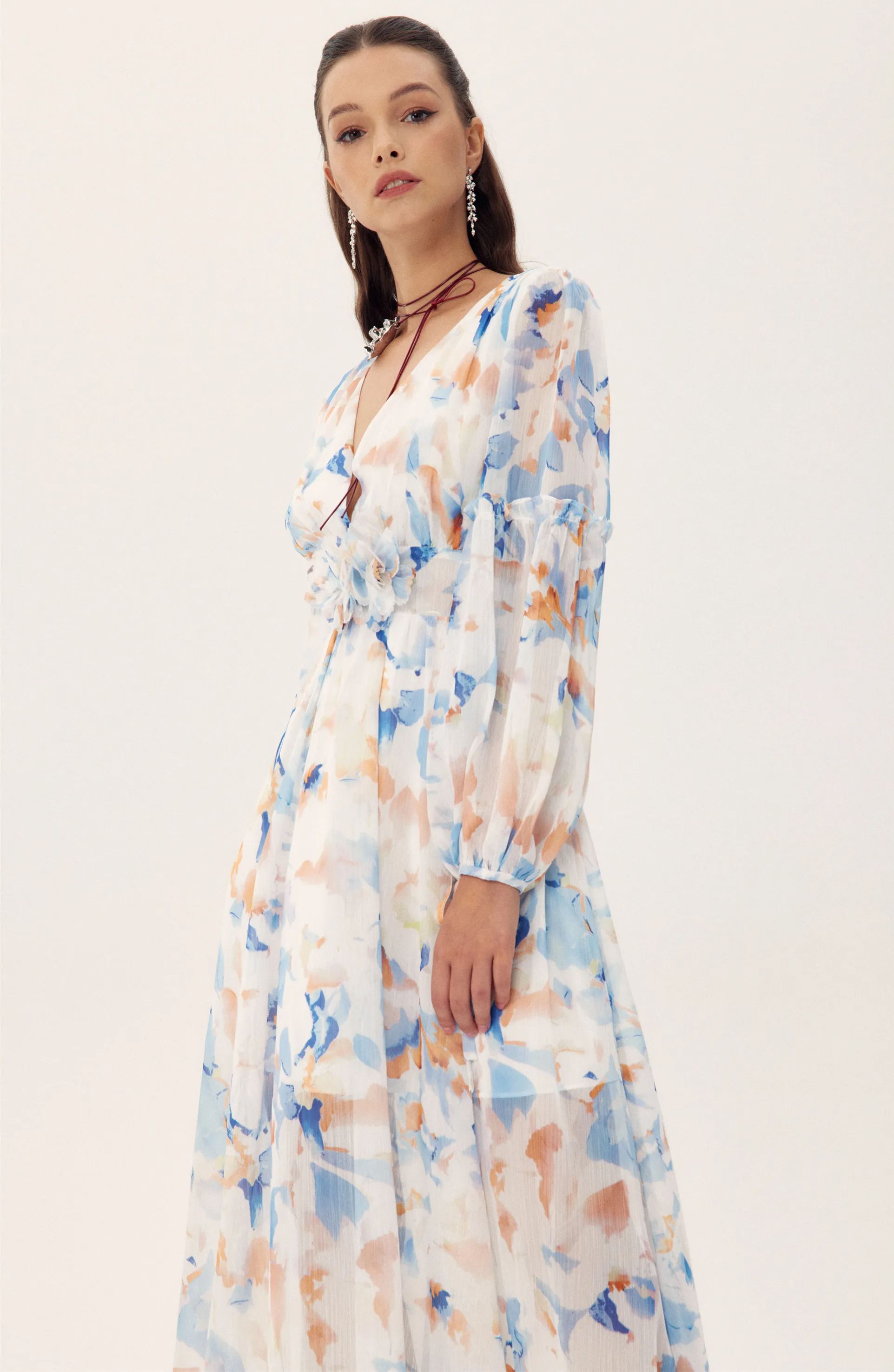 Shirley Printed V-neck Midi Chiffon Dress-Sunfere
