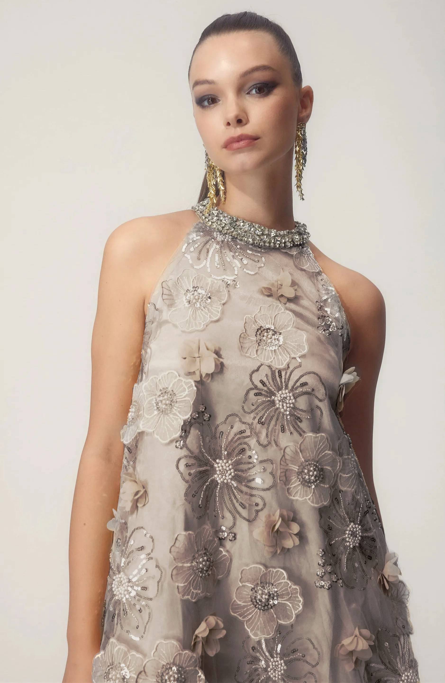 Ella Halter Floral Embroidered Sequins Mini Dress