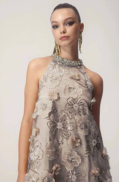 Ella Halter Floral Embroidered Sequins Mini Dress