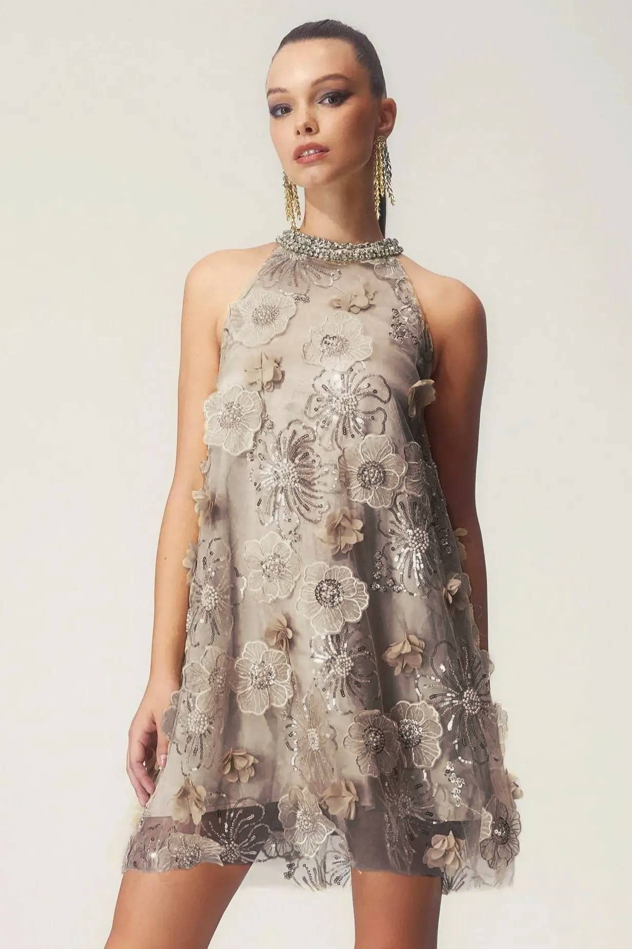 Ella Halter Floral Embroidered Sequins Mini Dress