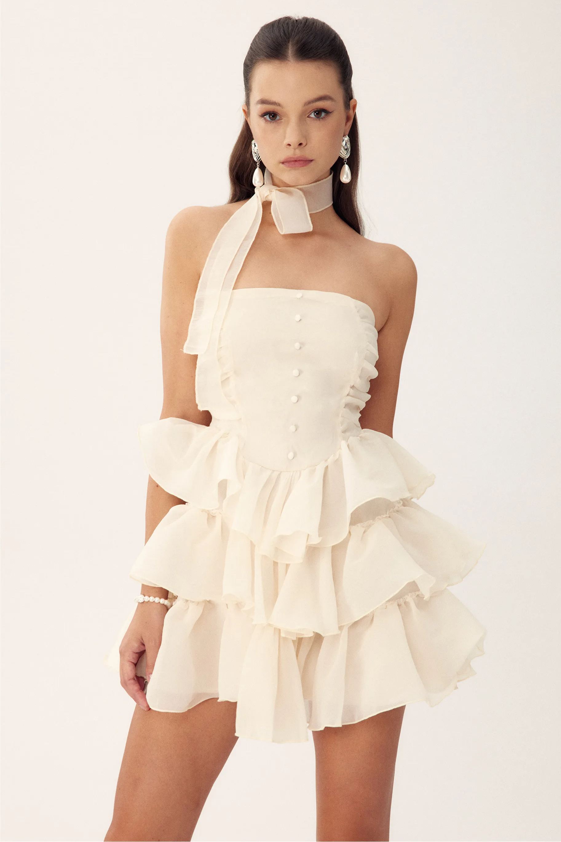 Janice Strapless Ruffle Mini Chiffon Dress