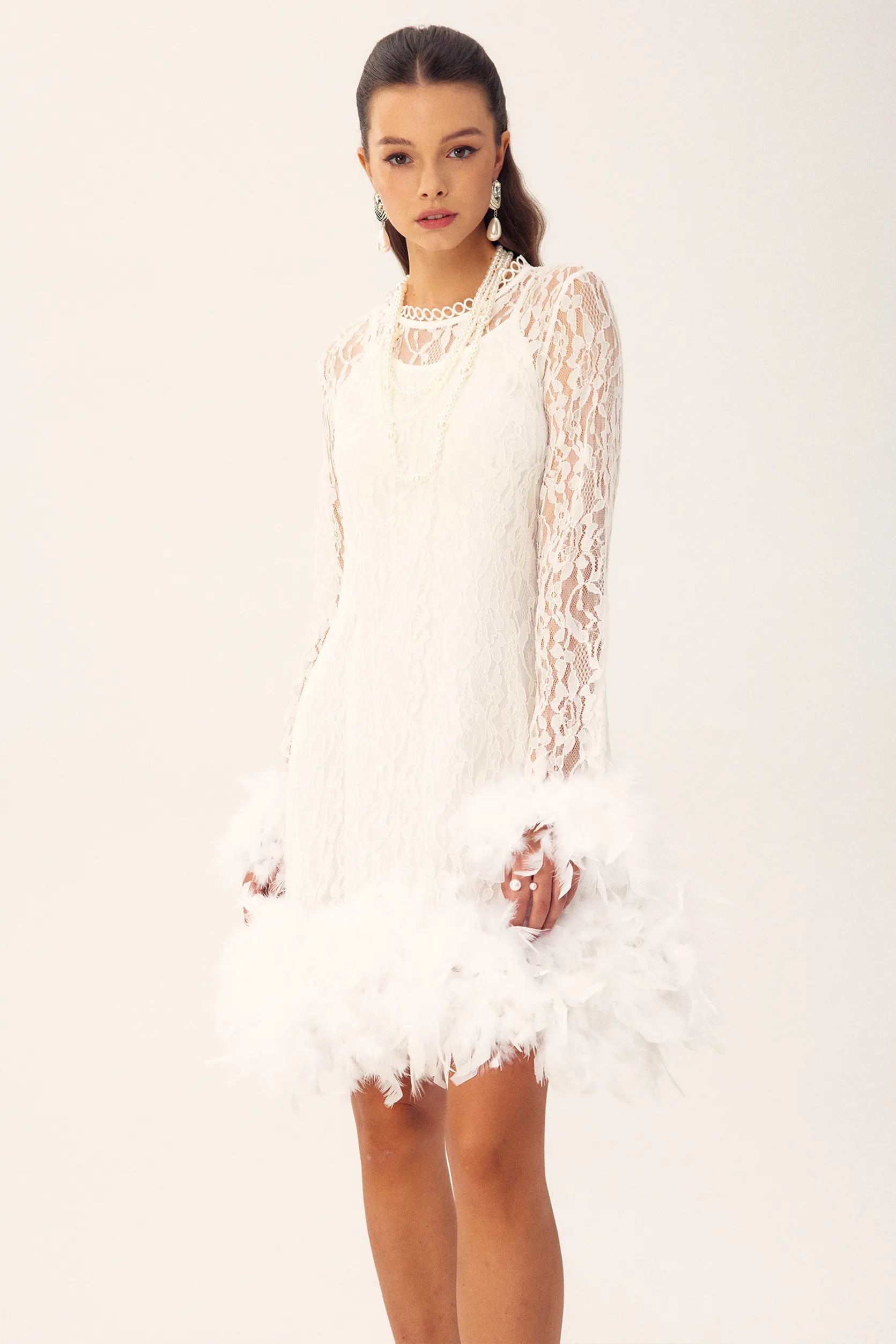 Patricia Feather Long Sleeves Mini Lace Dress-Sunfere