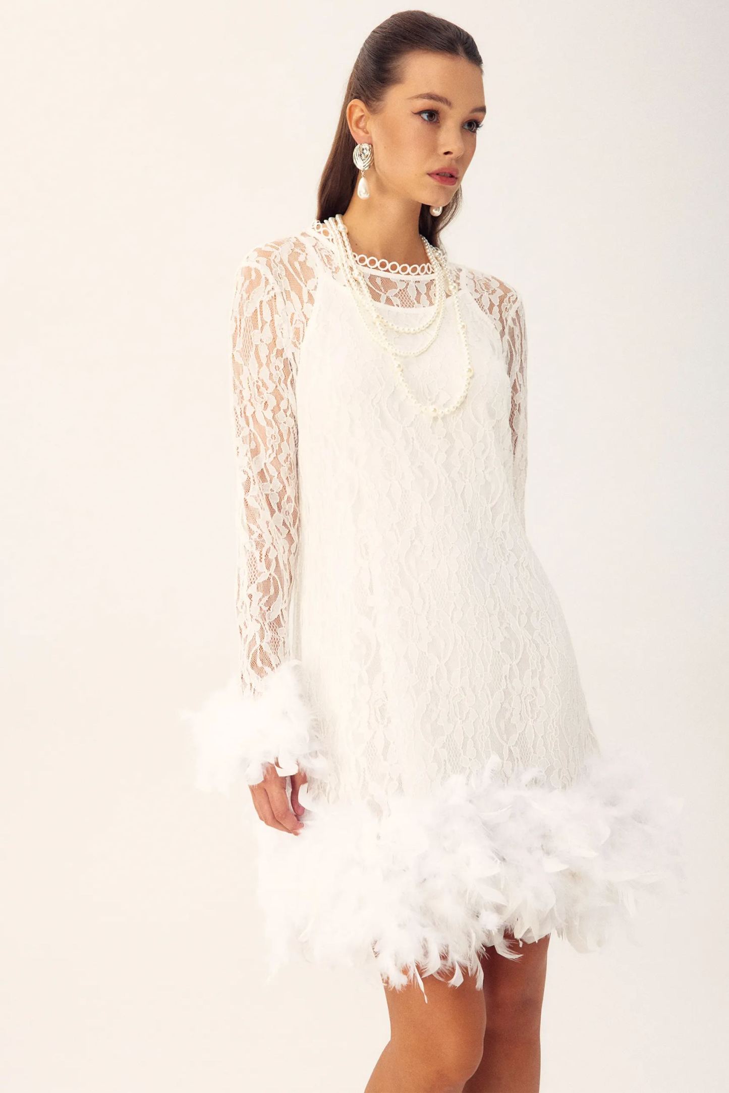 Patricia Feather Long Sleeves Mini Lace Dress-Sunfere