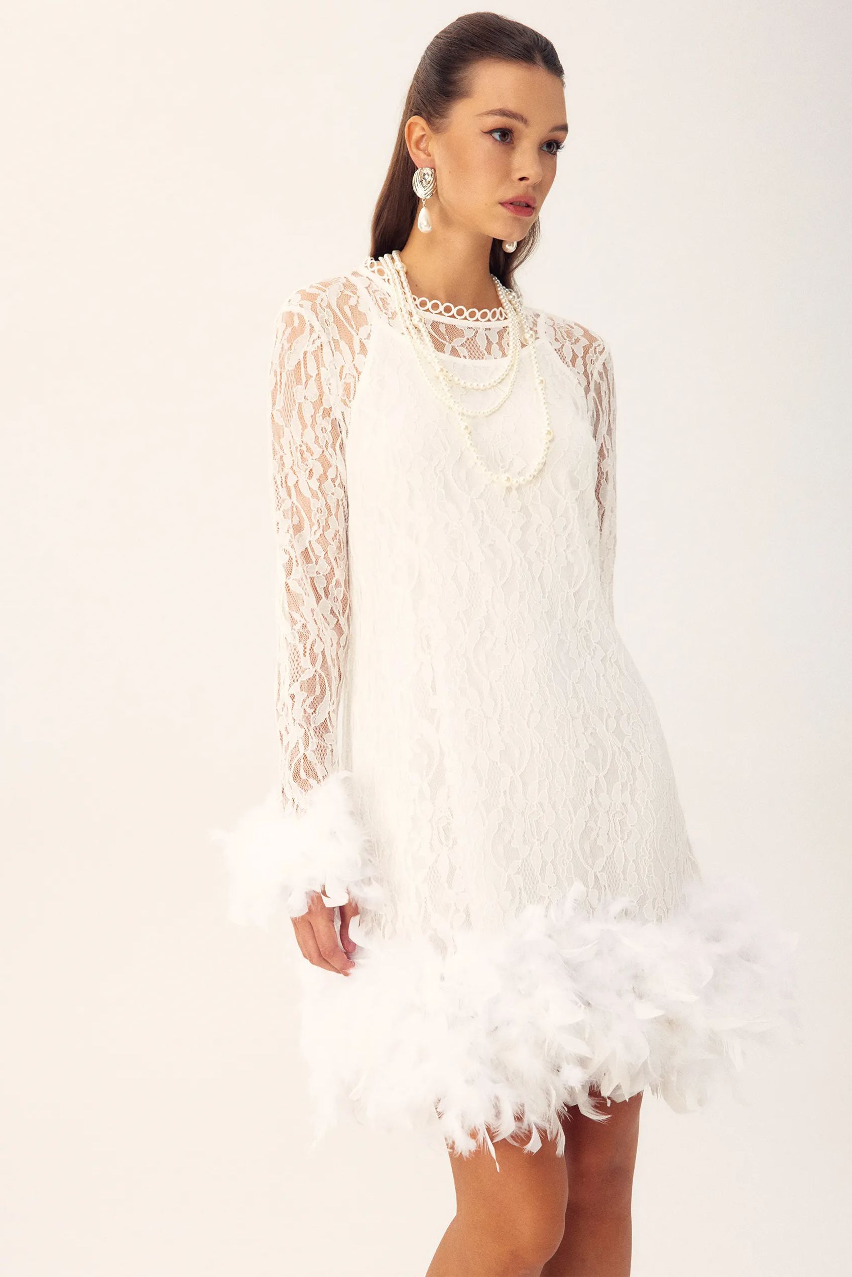 Patricia Feather Long Sleeves Mini Lace Dress-Sunfere
