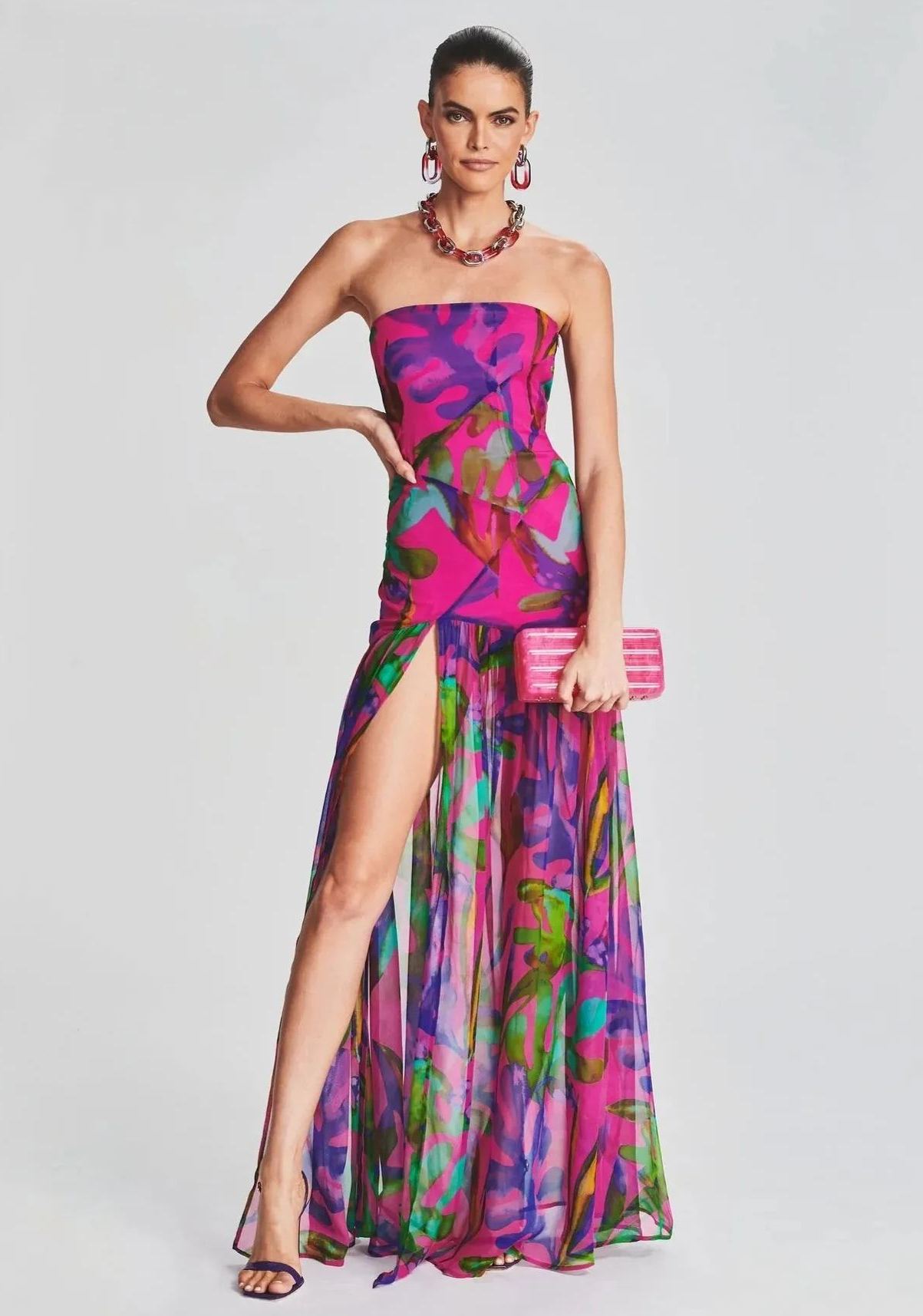 Pam Printed Strapless Slit Maxi Dress-Sunfere