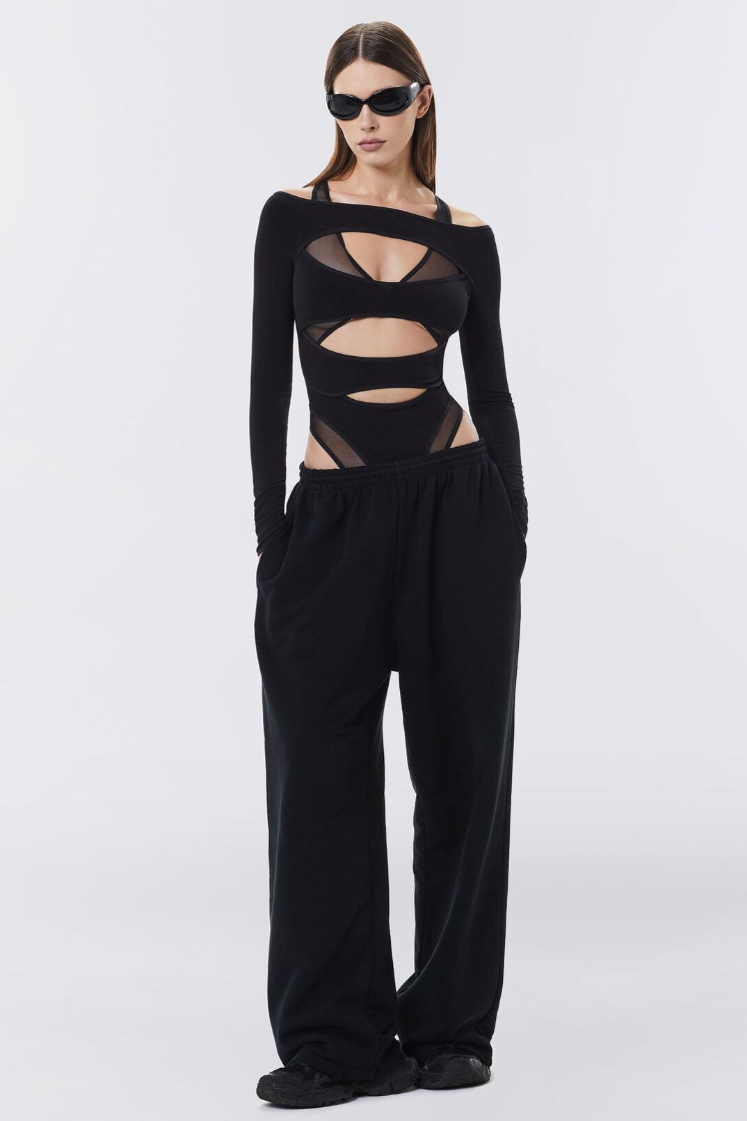 Freda Cut Out Sheer Mesh Bodysuit-Sunfere