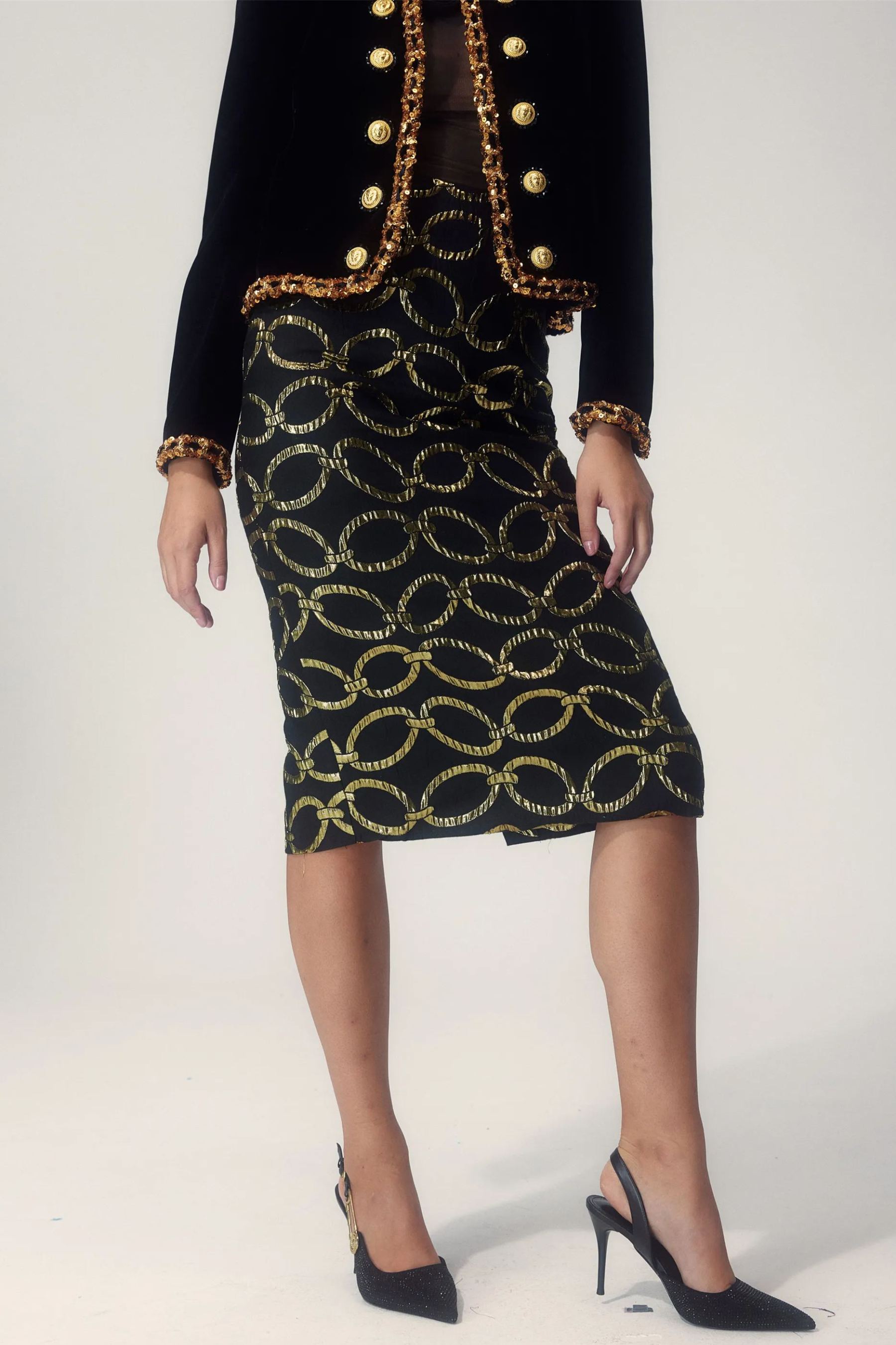 Emma Chain Pencil Skirt | Black Back Slit Detail - sunfere
