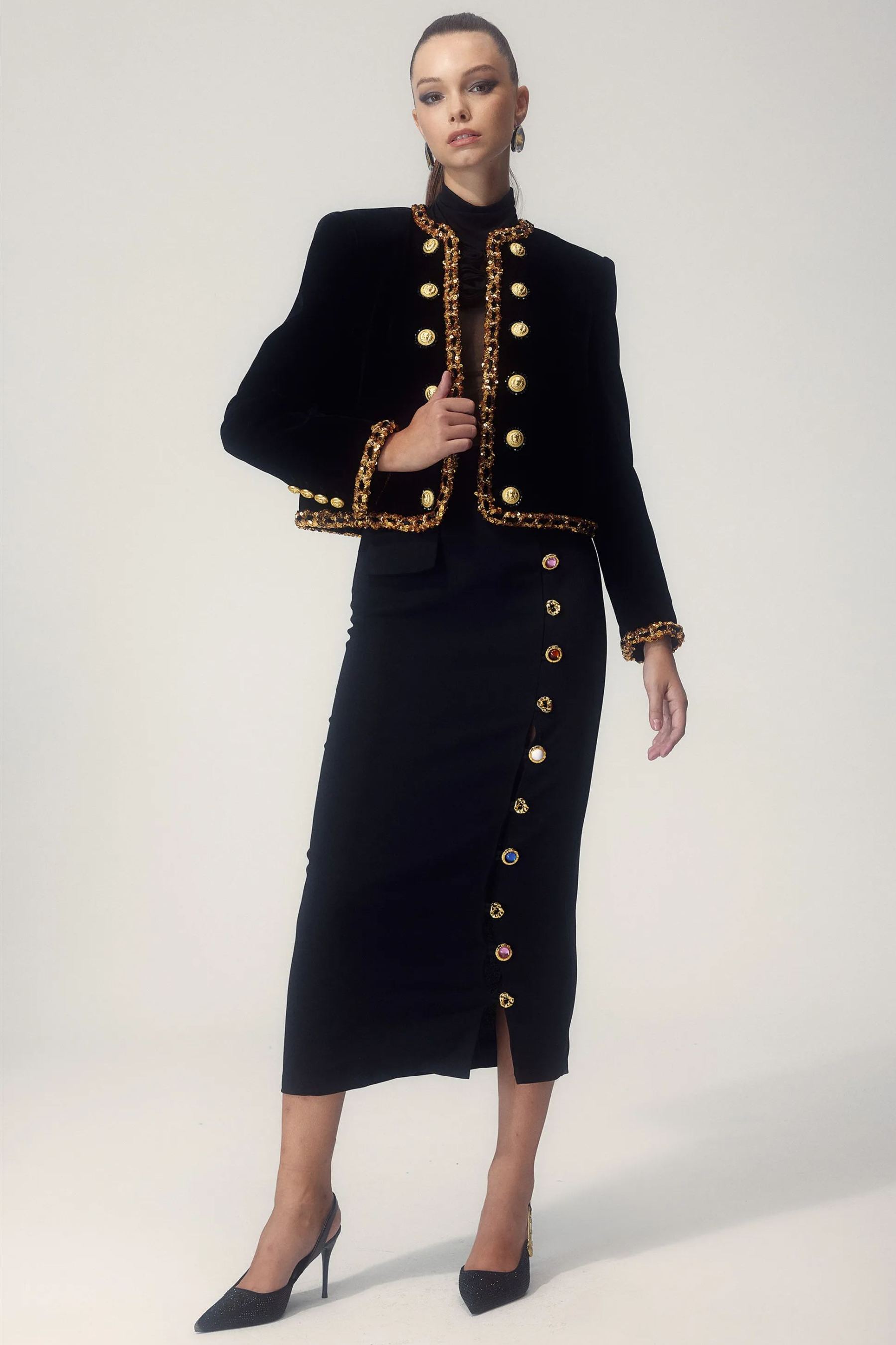 Ella Gem Button Down Pencil Midi Skirt-Sunfere