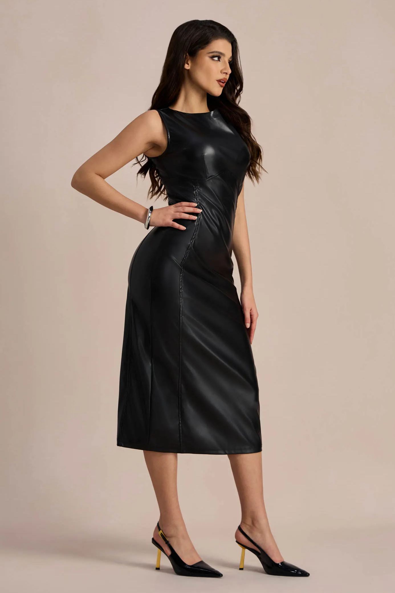 スカート Herlipto vegan leather jumper dress Erica Vegan Leather Midi Dress | Sleeveless Chic Black - sunfere