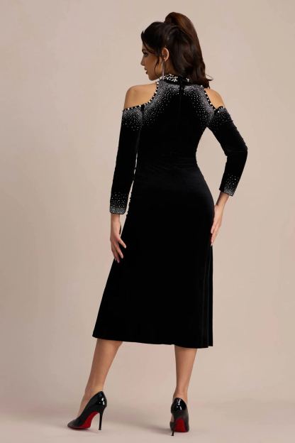 Audrey Embellished Turtleneck Velvet Midi Dress