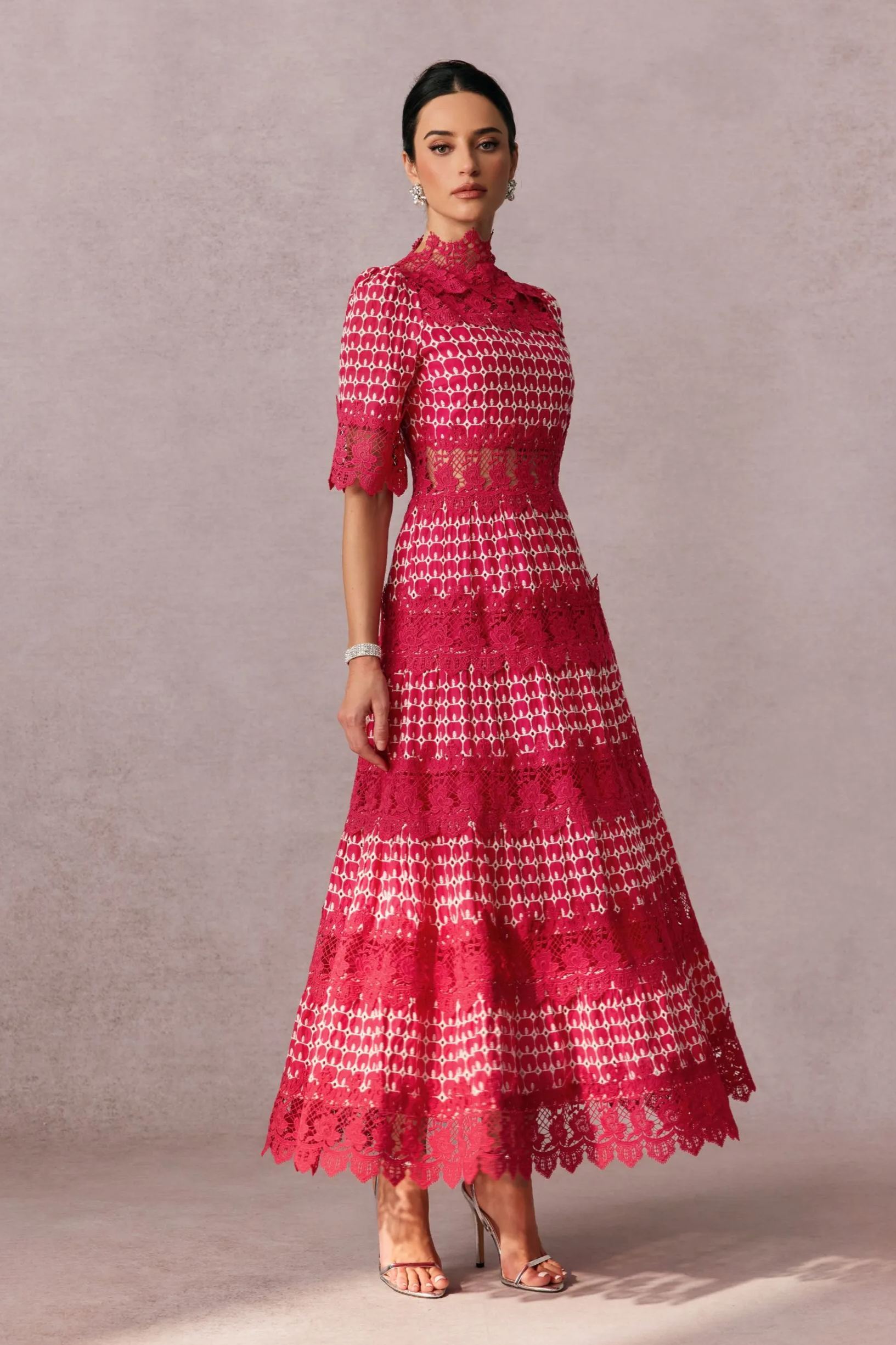 Sabrina Embroidered Lace Short Sleeve Midi Dress