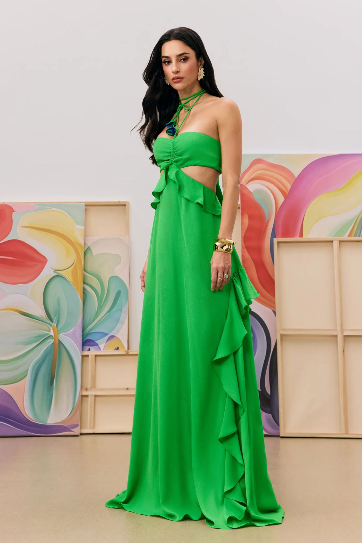 Mona Ruffled Cutout Halter Maxi Dress