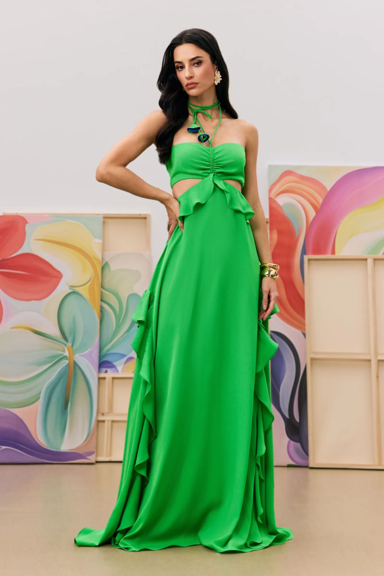 Mona Ruffled Cutout Halter Maxi Dress