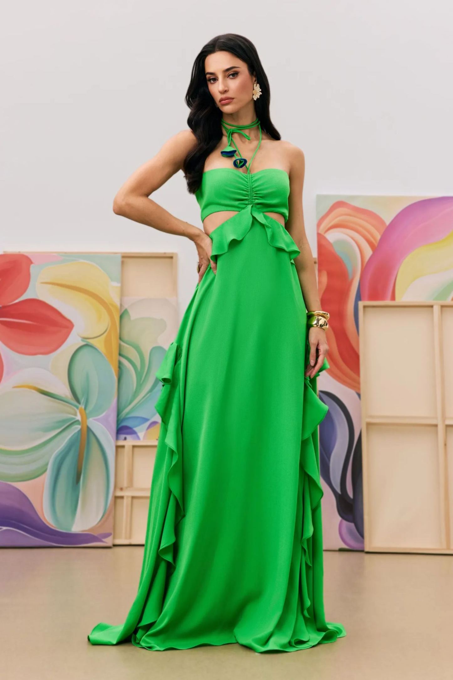 Mona Ruffled Cutout Halter Maxi Dress