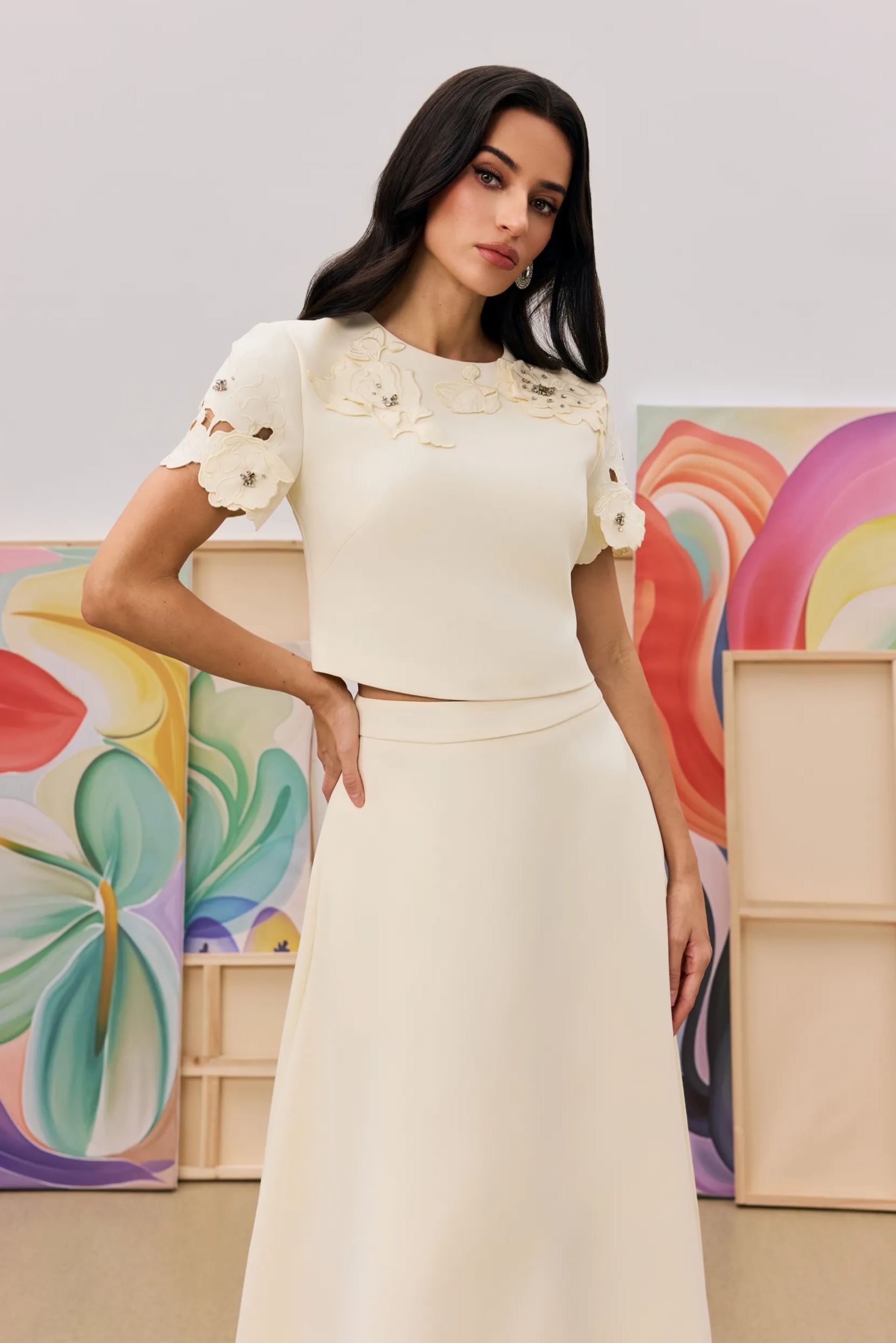 Elsie Floral Applique Top & Skirt Set