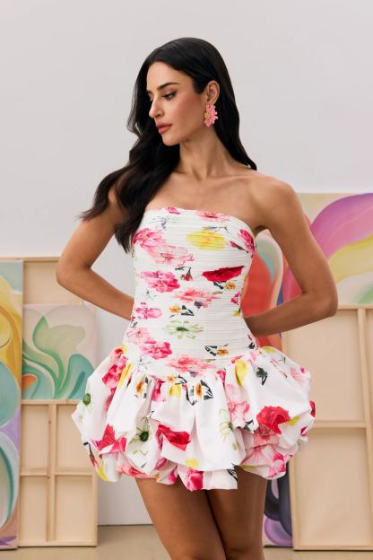 Adela Floral Print Bubble Hem Mini Dress