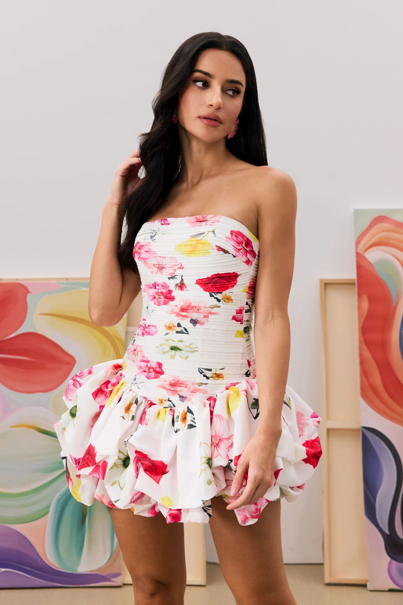 Adela Floral Print Bubble Hem Mini Dress