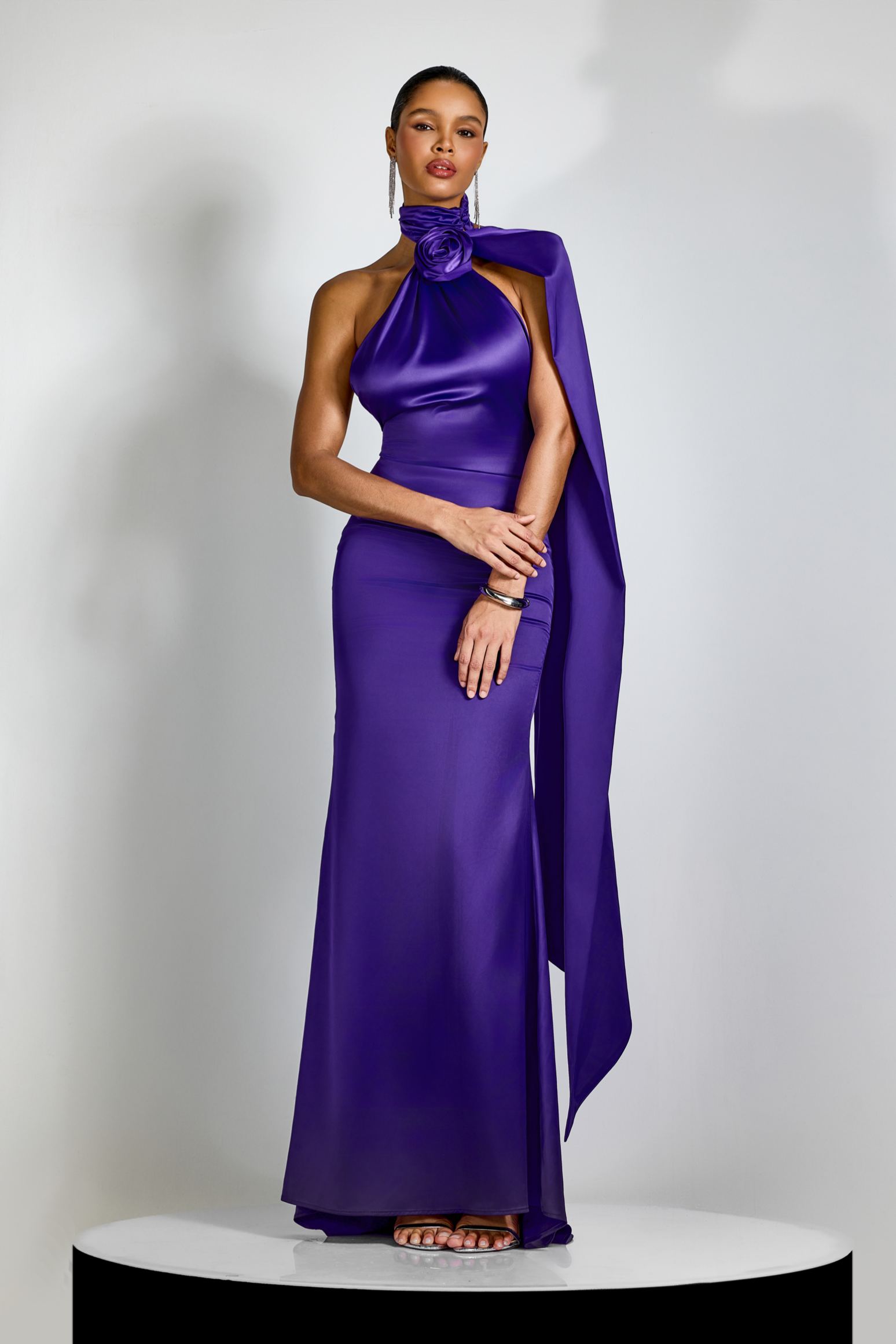 Verna Halter Floral Maxi Satin Dress Formele Bruiloft Gast