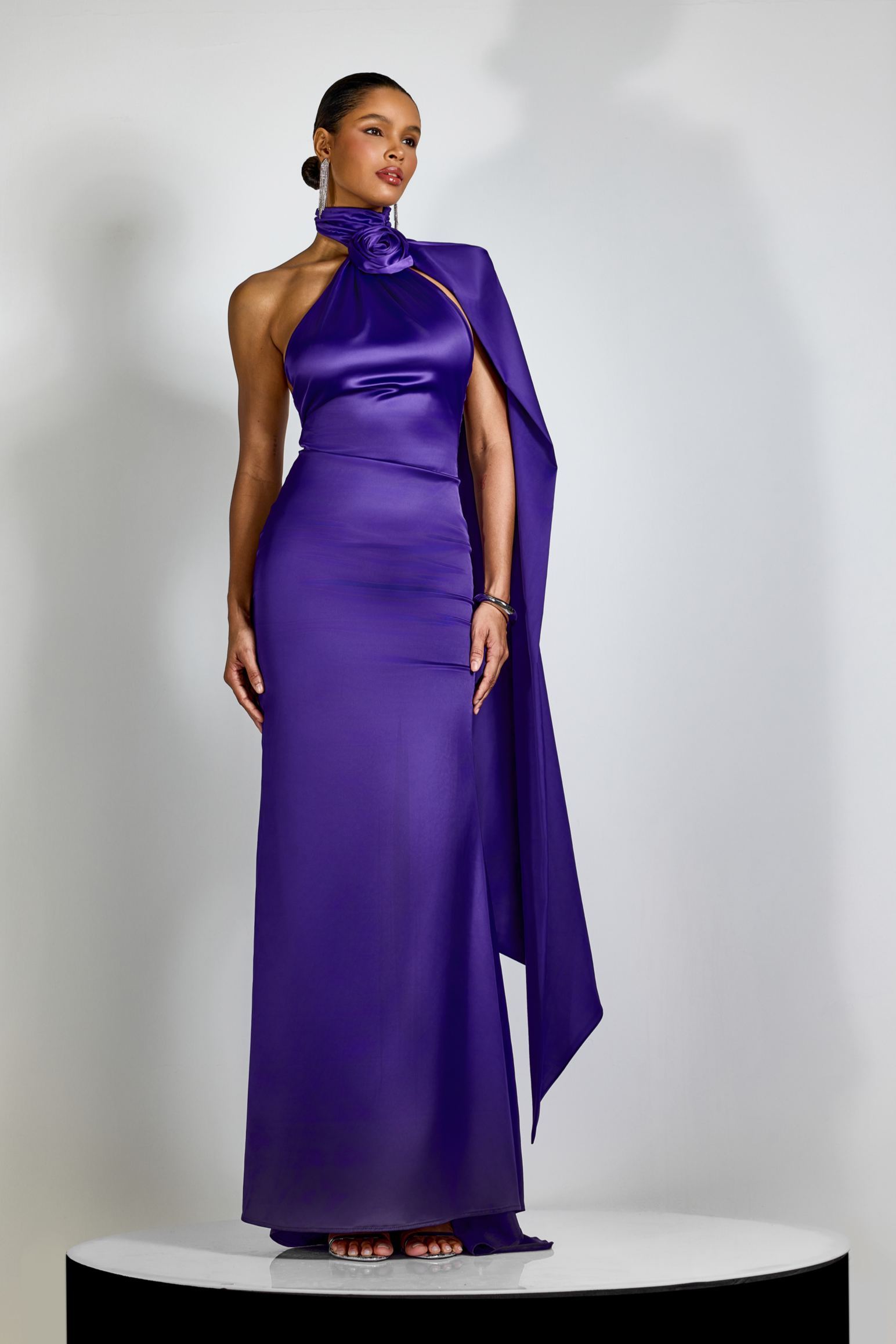 Verna Halter Satin Floral Maxi Dress | Purple Glam Elegance - sunfere