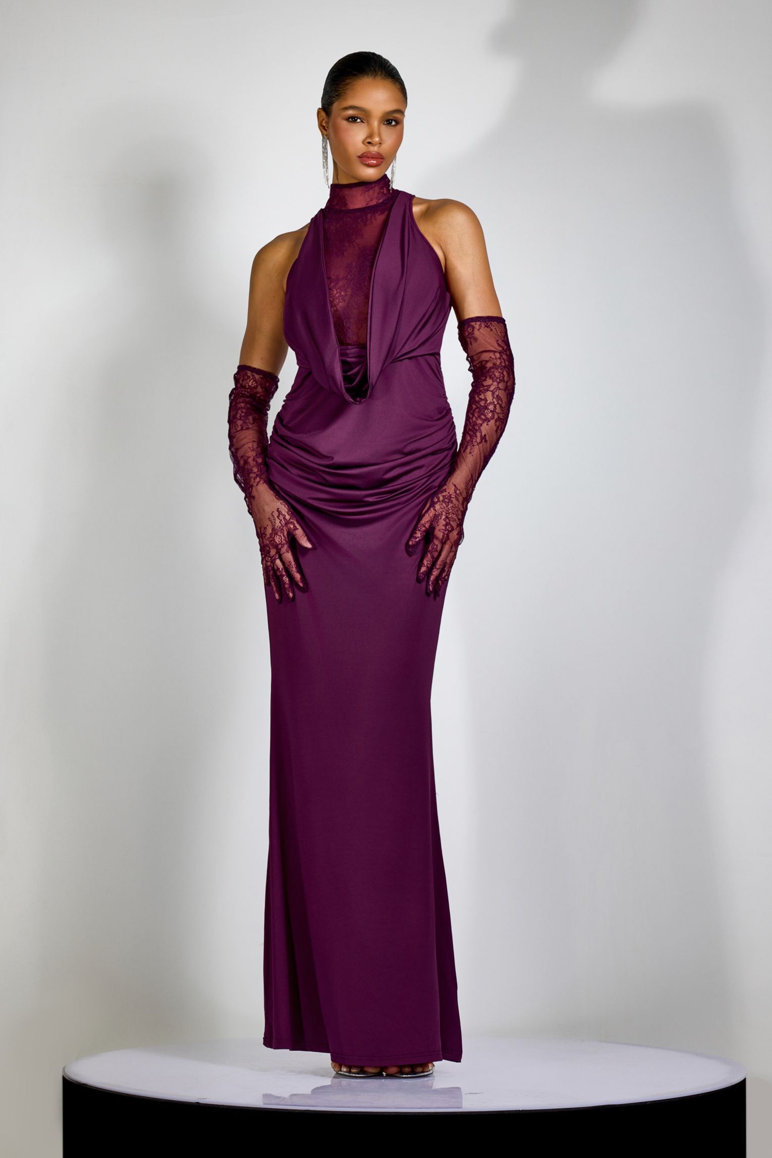 Evelyn Plunging Cowl Lace Bodice Maxi Dress